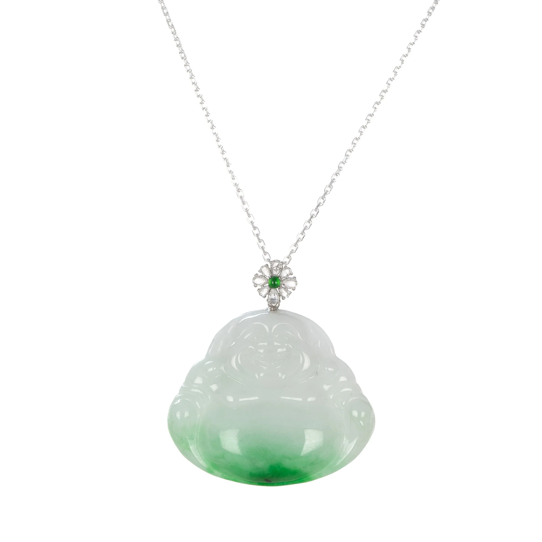 18K Wealth Buddha Jade Necklace - 18K White Gold