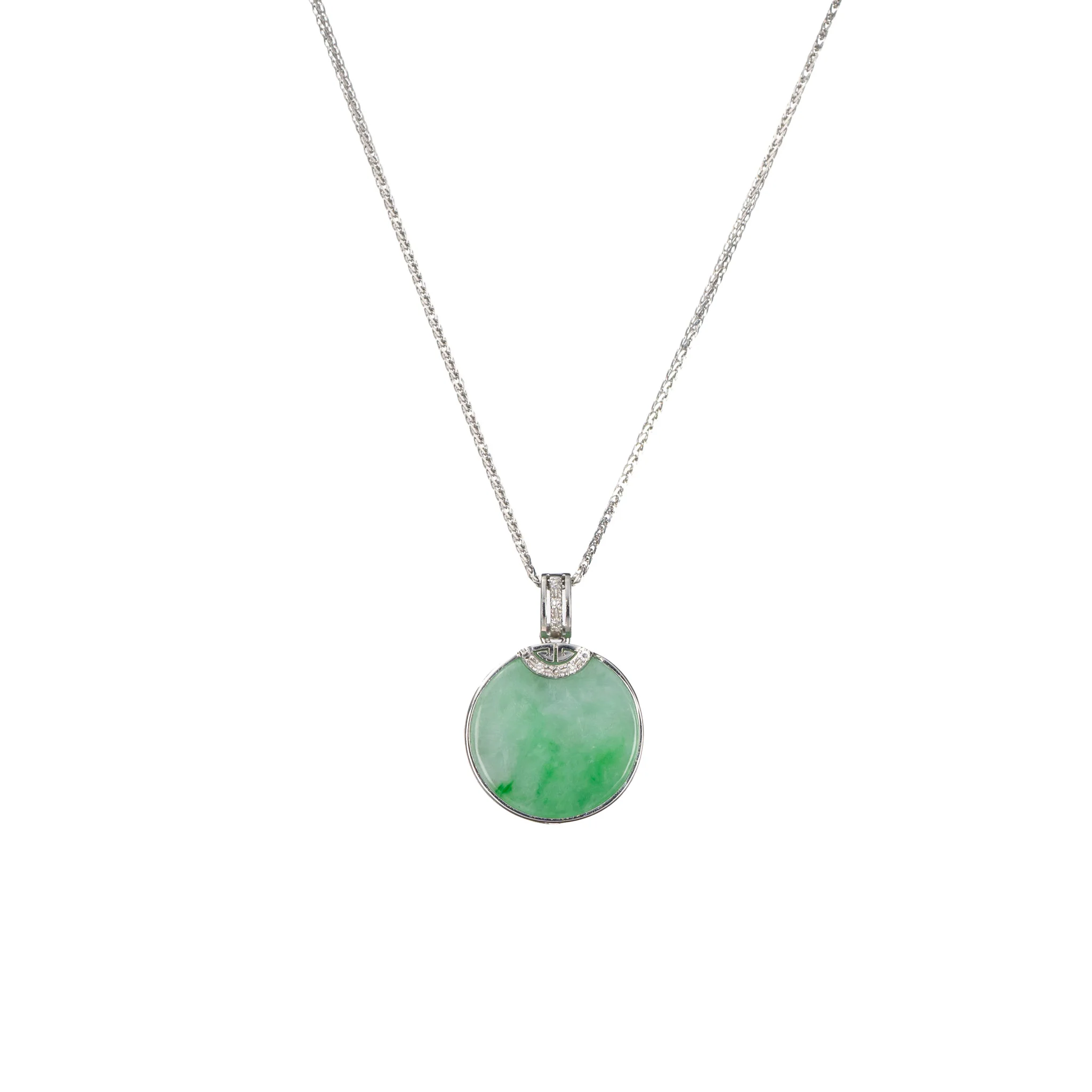 18K White Gold Circle Jadeite Jade Pendant - Floral Frame