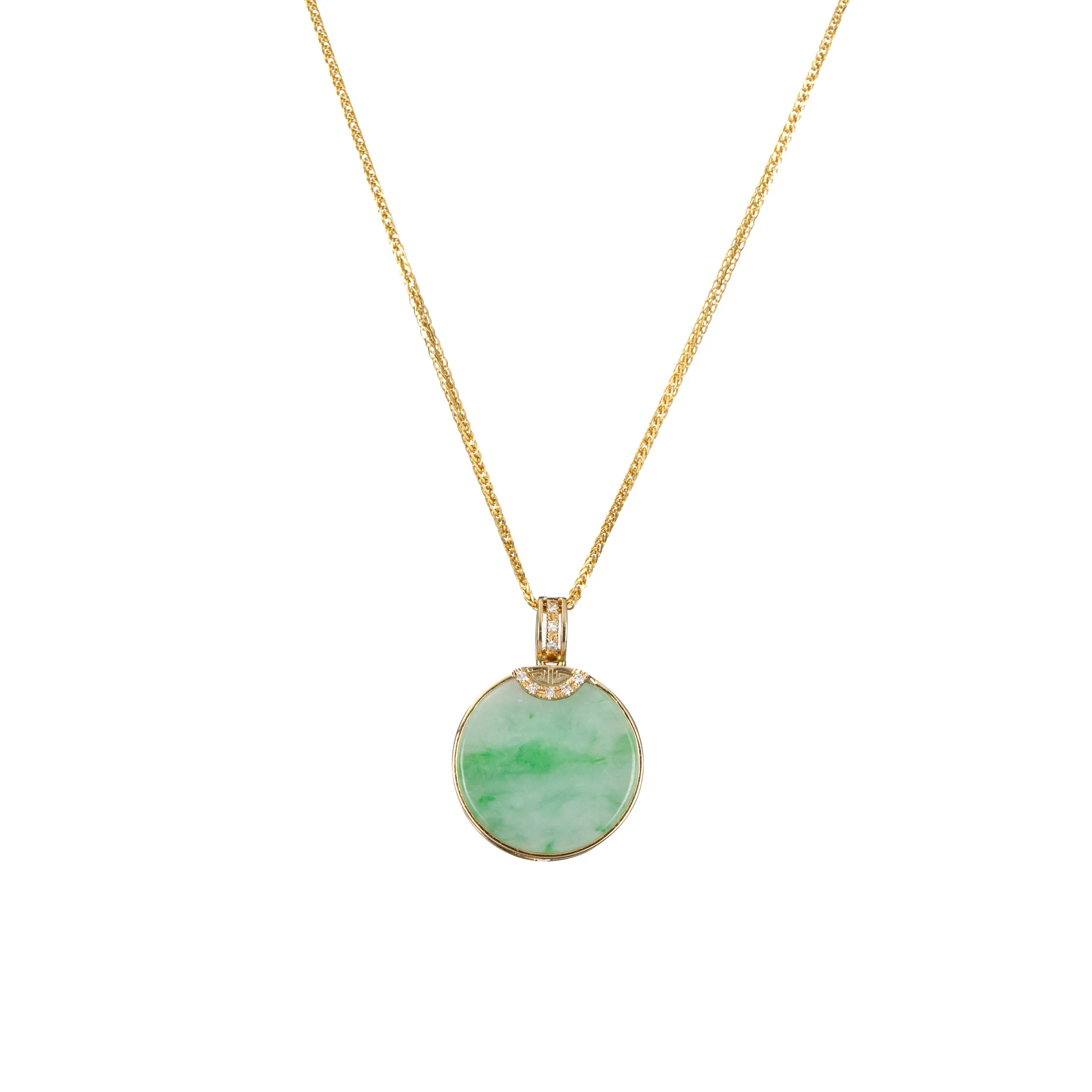 18K Yellow Gold Mini Circular Jadeite Jade Pendant - Floral Frame