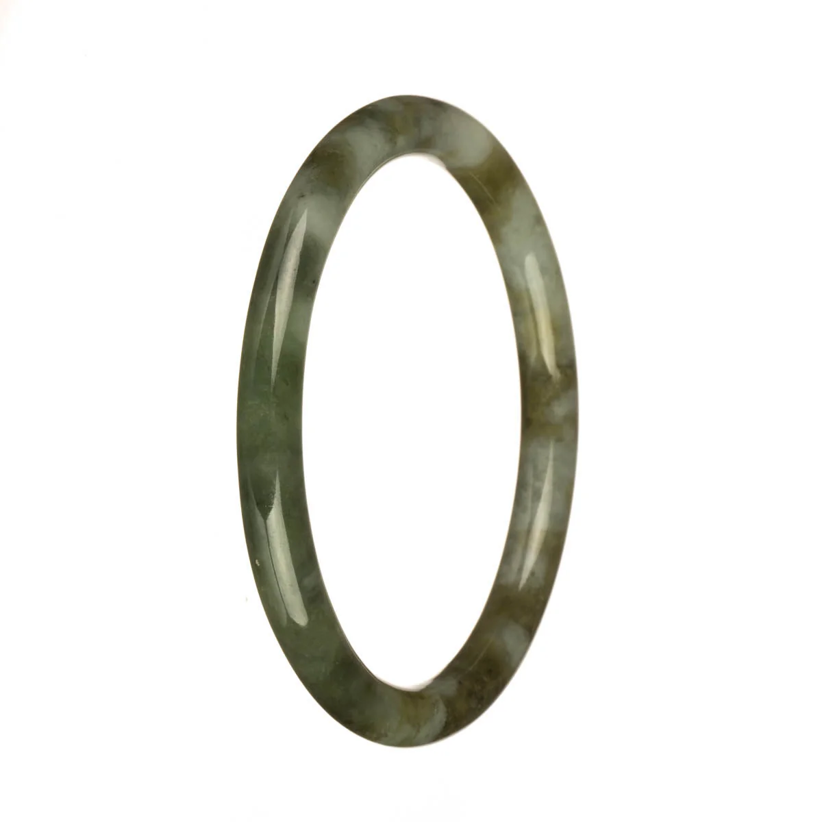 Genuine Untreated Light Grey with Olive Green and Green Patterns Traditional Jade Bangle - 61mm Petite Round