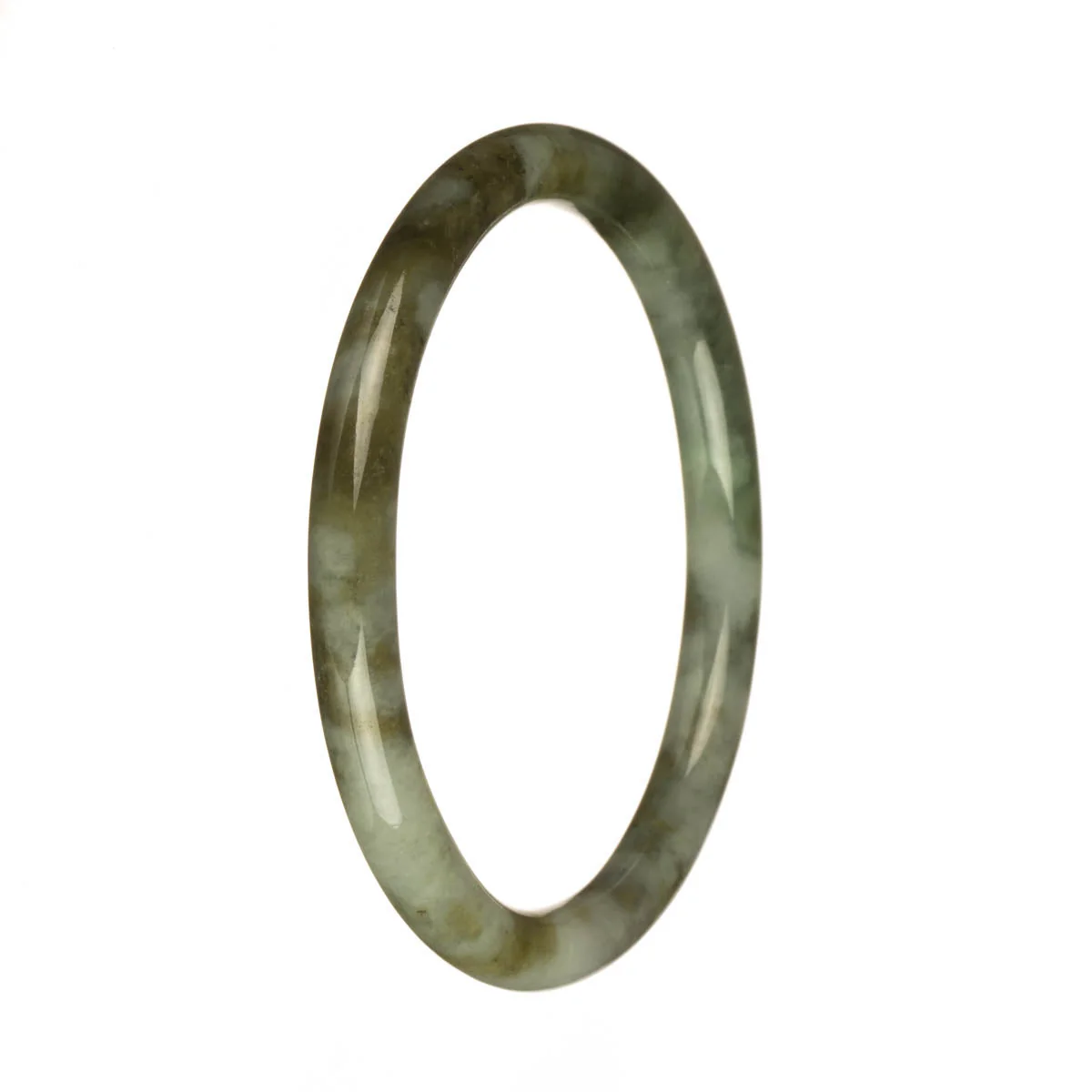 Genuine Untreated Light Grey with Olive Green and Green Patterns Traditional Jade Bangle - 61mm Petite Round - Image 2