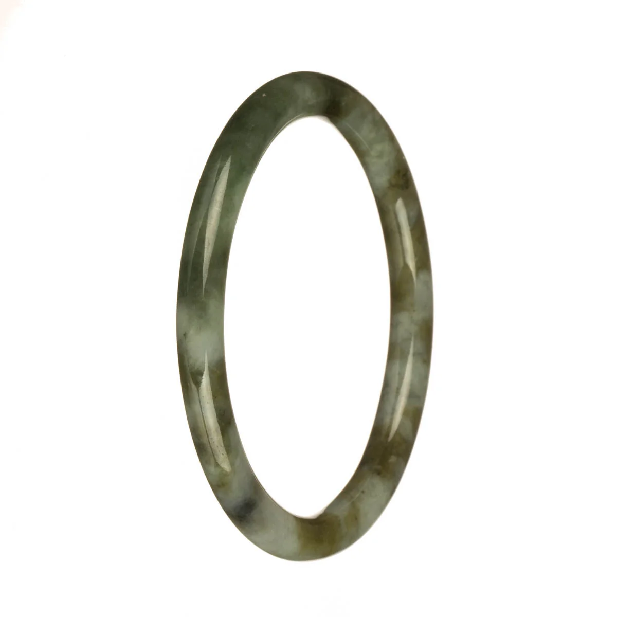 Genuine Untreated Light Grey with Olive Green and Green Patterns Traditional Jade Bangle - 61mm Petite Round - Image 3