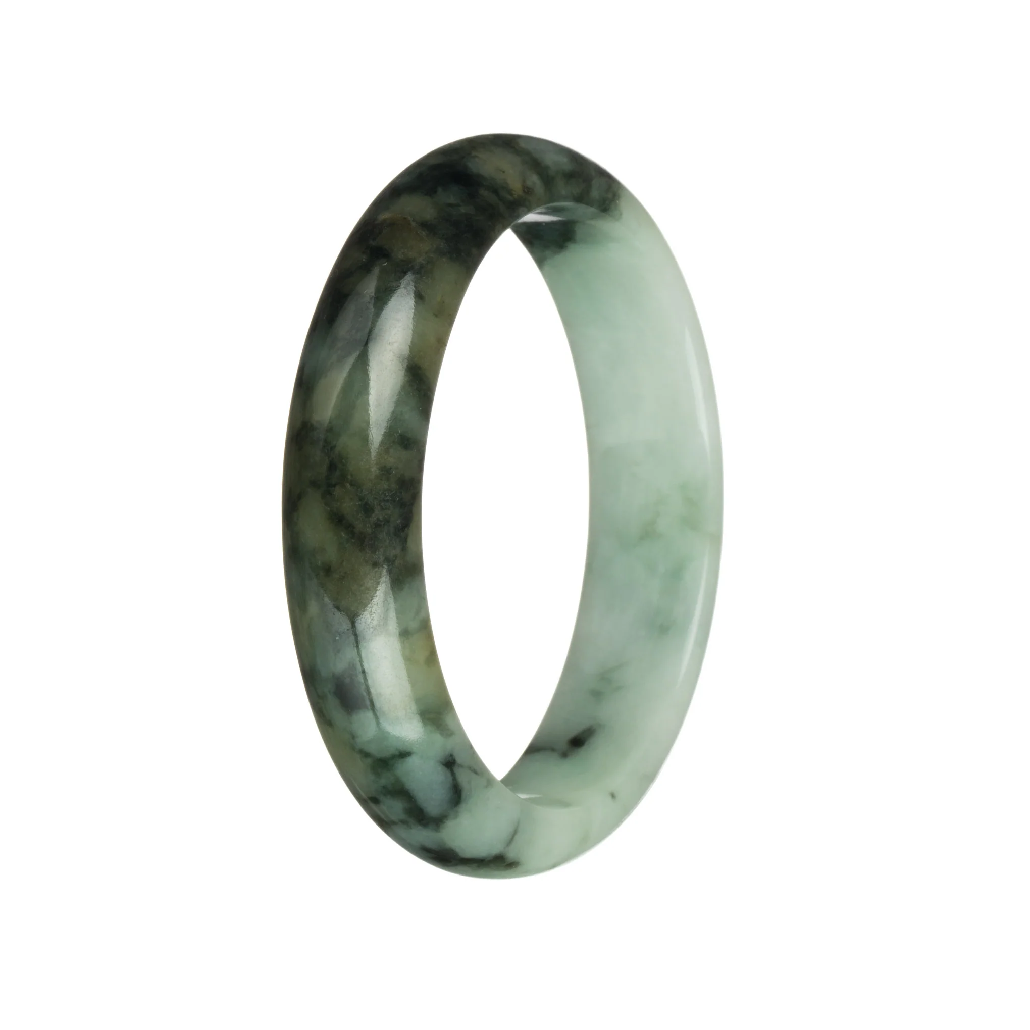 Real Grade A Light Green with Dark Green and Olive Green Patterns Traditional Jade Bangle - 54mm Half Moon - Image 2