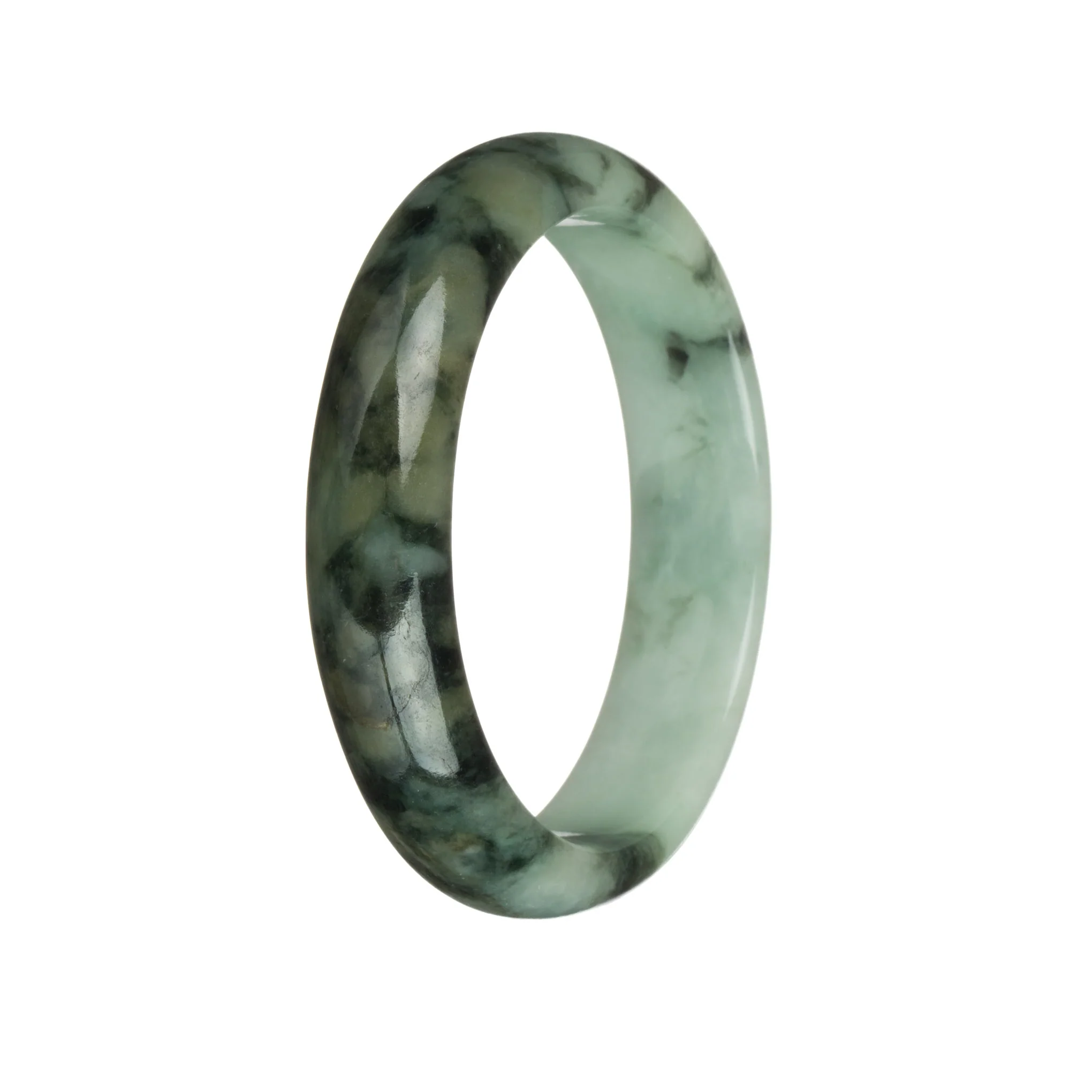 Real Grade A Light Green with Dark Green and Olive Green Patterns Traditional Jade Bangle - 54mm Half Moon - Image 3