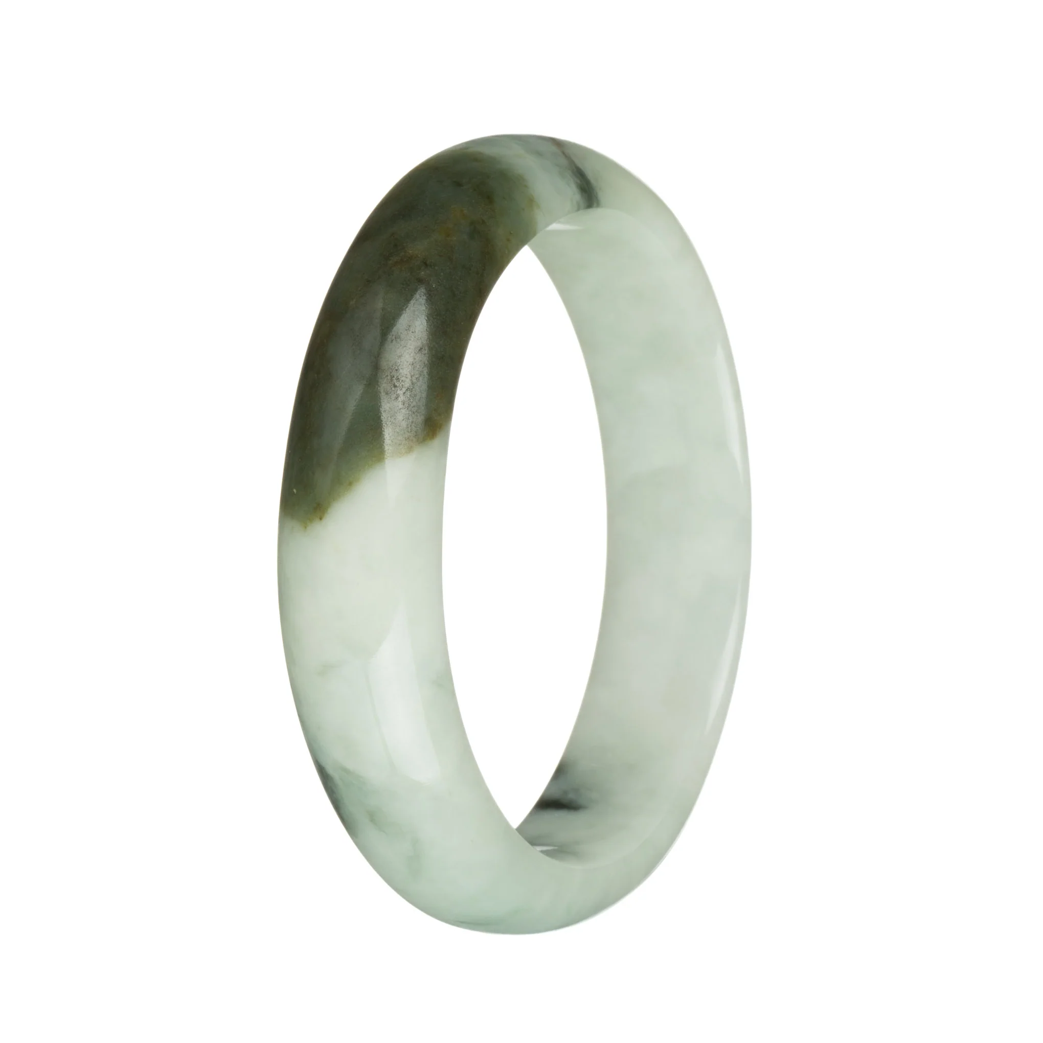 Genuine Grade A Pale Green with Olive Green and Deep Green Patterns Jadeite Bangle - 58mm Half Moon - Image 2