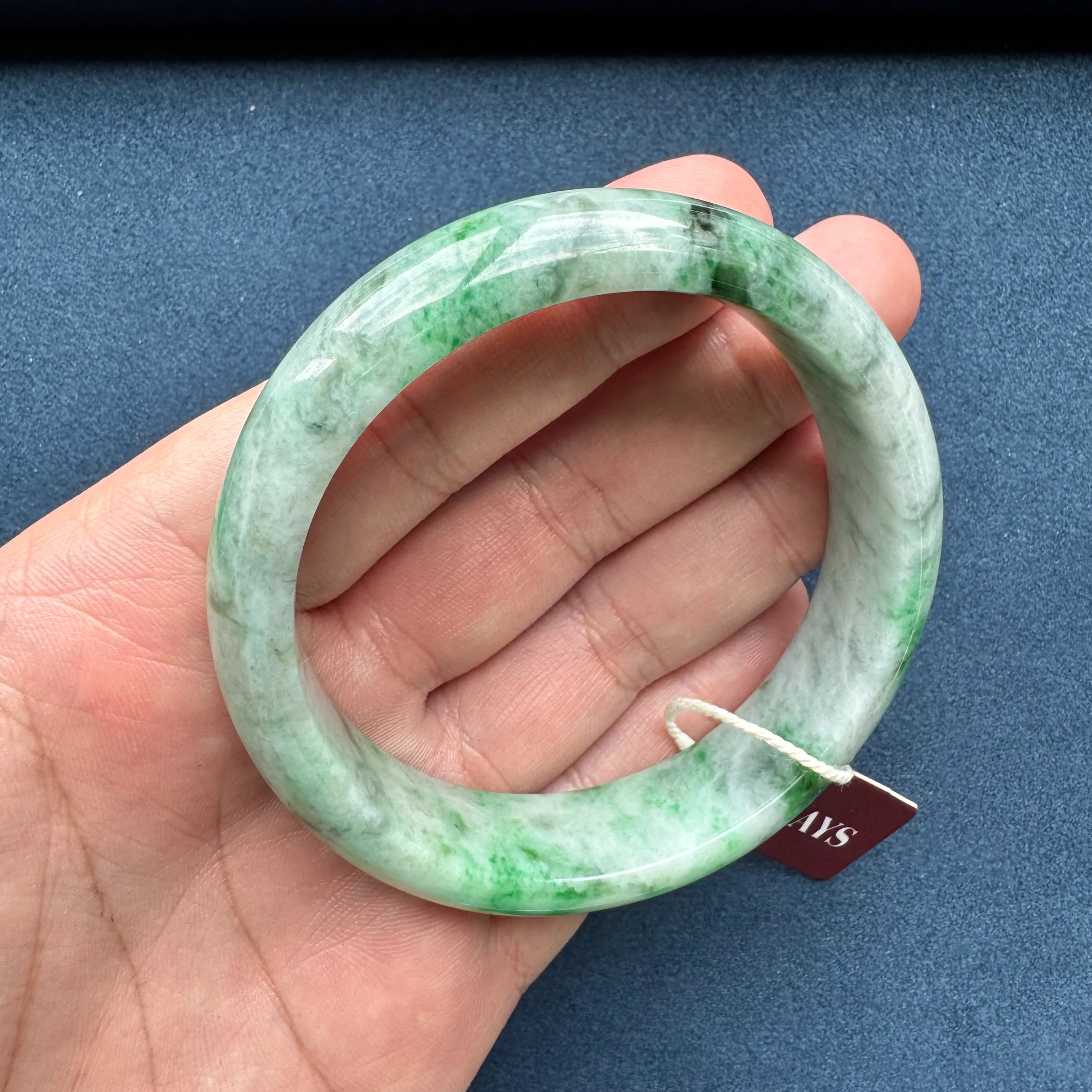 62.1mm Light Grey with Apple Green and Green Patterns Jade Bangle Bracelet - Image 10