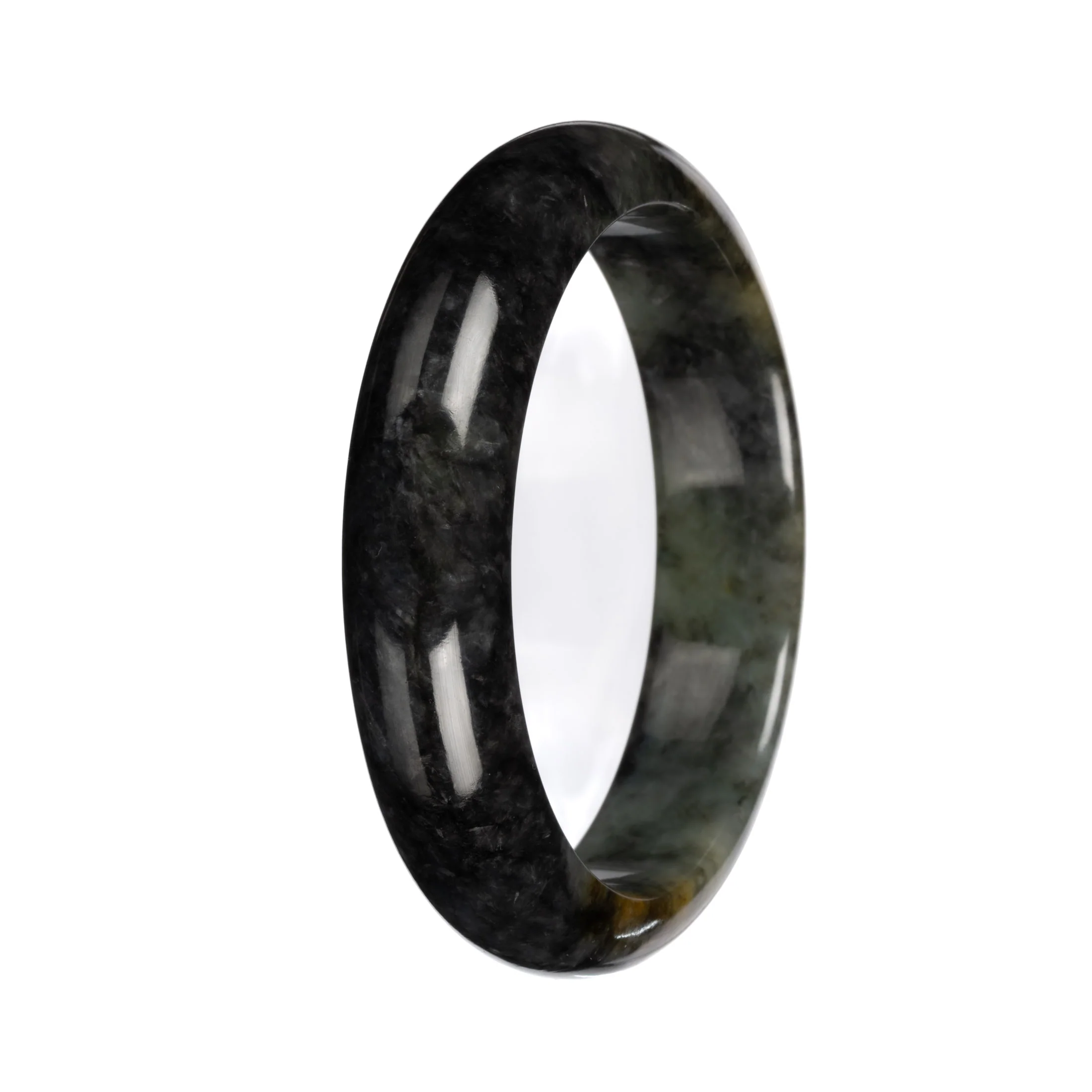 Authentic Deep Gray and Green Pattern Burmese Jade Bangle Bracelet - 58mm Half Moon - Image 2