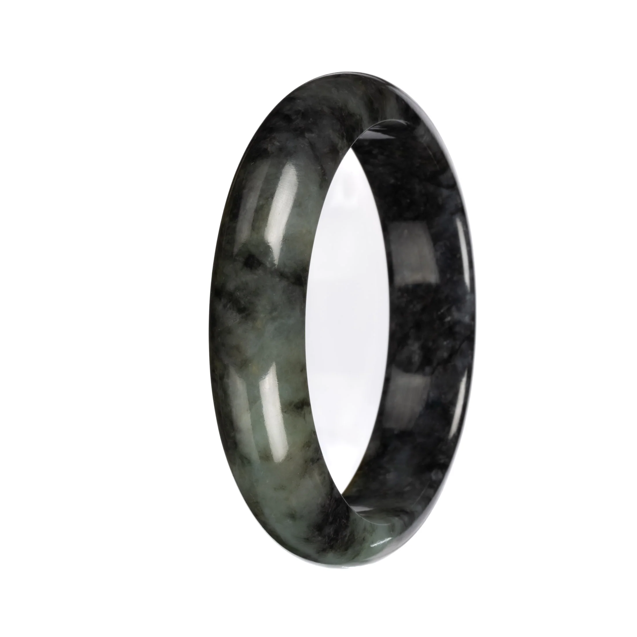 Authentic Deep Gray and Green Pattern Burmese Jade Bangle Bracelet - 58mm Half Moon - Image 3