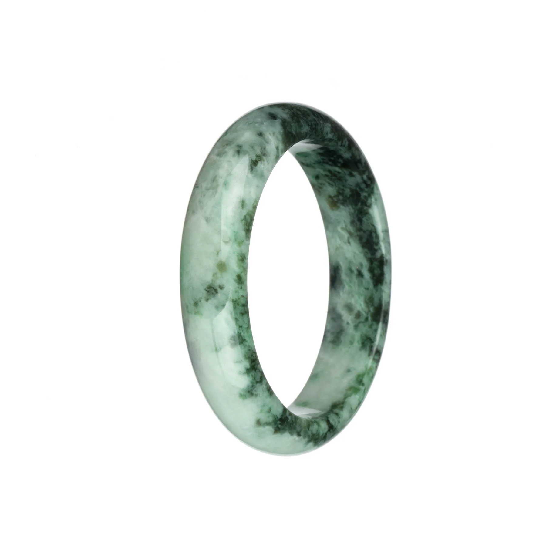 Authentic Grade A Dark Green and Green Patterns with White and Apple Green Spots Traditional Jade Bangle Bracelet - 58mm Half Moon - Image 2