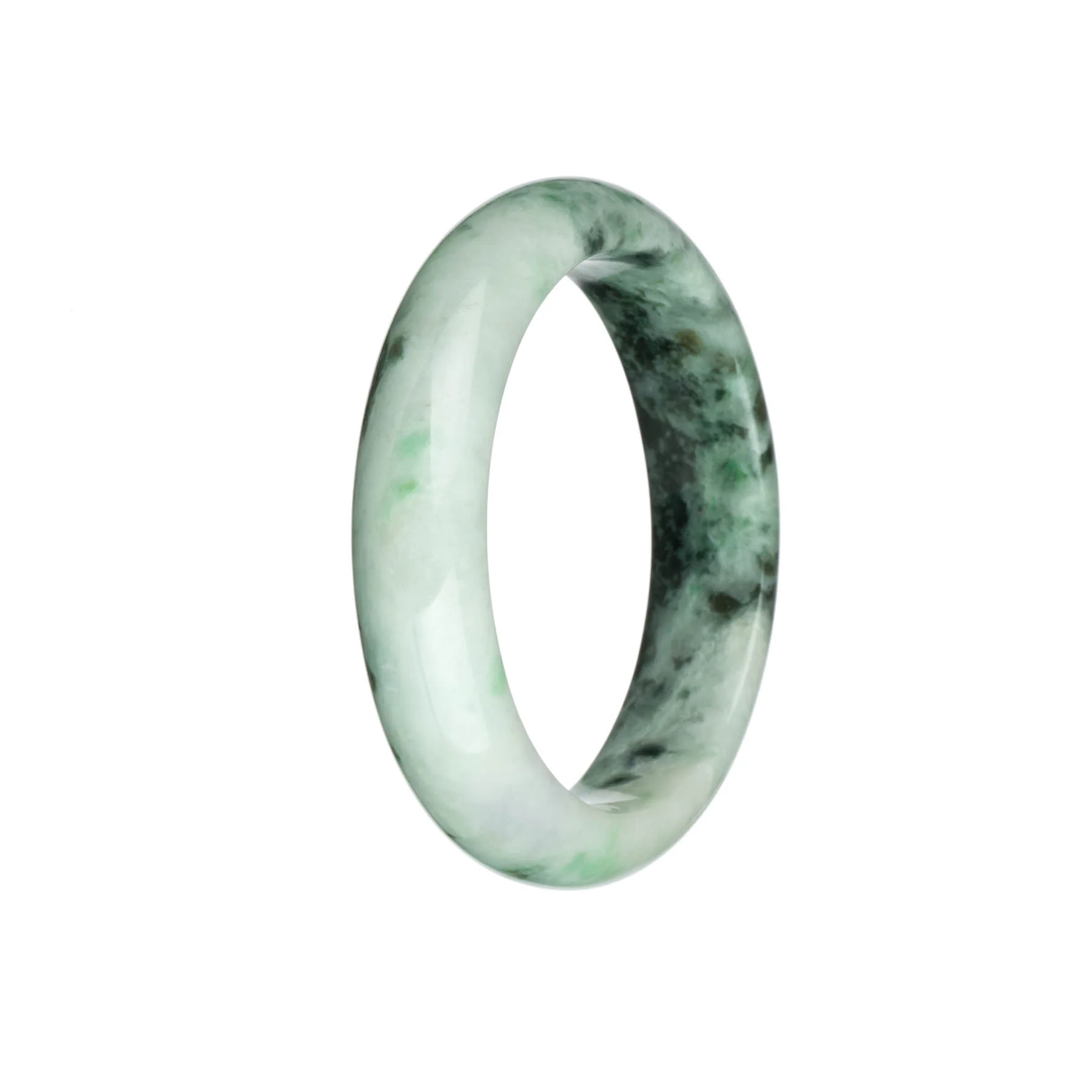 Authentic Grade A Dark Green and Green Patterns with White and Apple Green Spots Traditional Jade Bangle Bracelet - 58mm Half Moon - Image 3