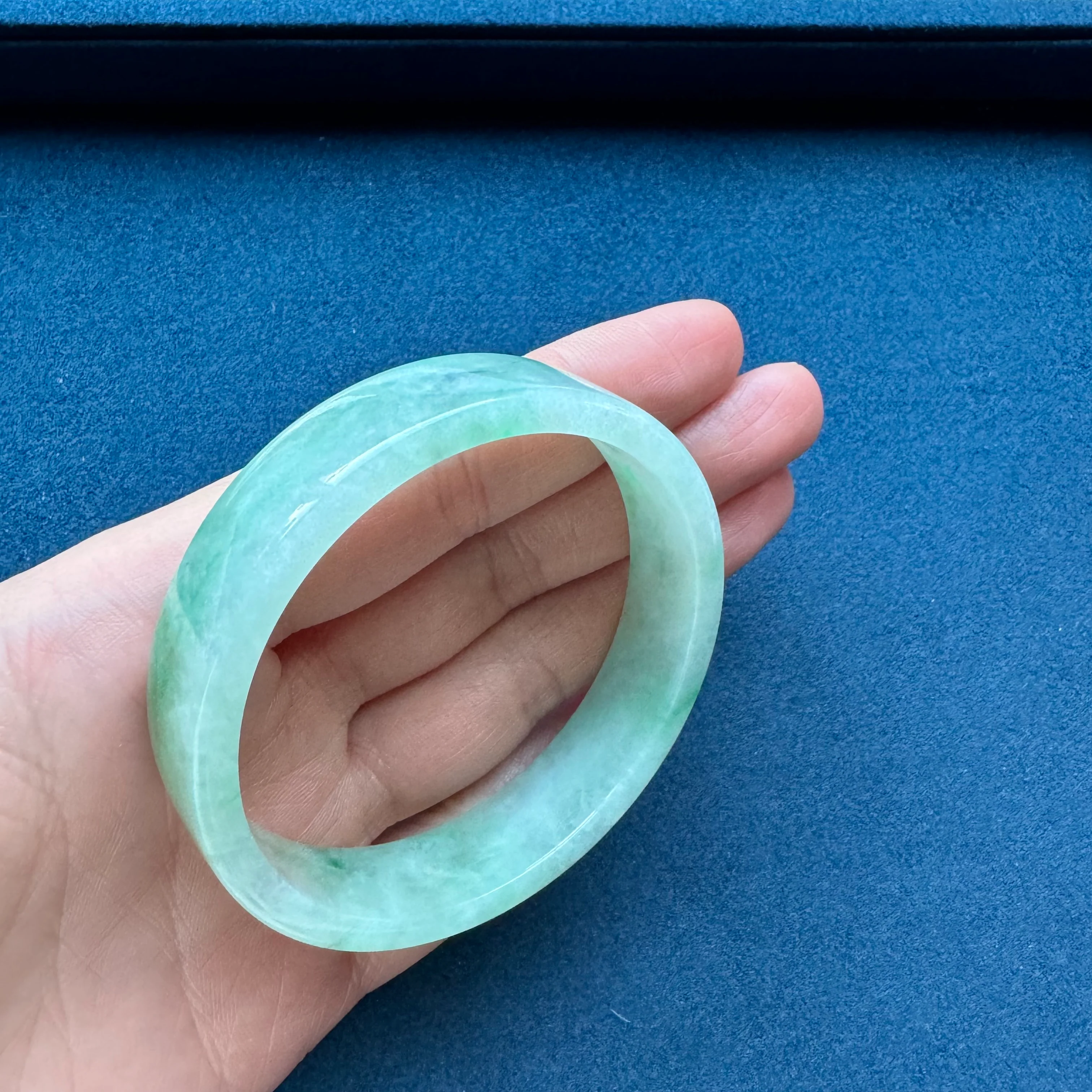 Authentic Grade A Green Pattern Burma Jade Bangle Bracelet - 52mm Flat - Image 4
