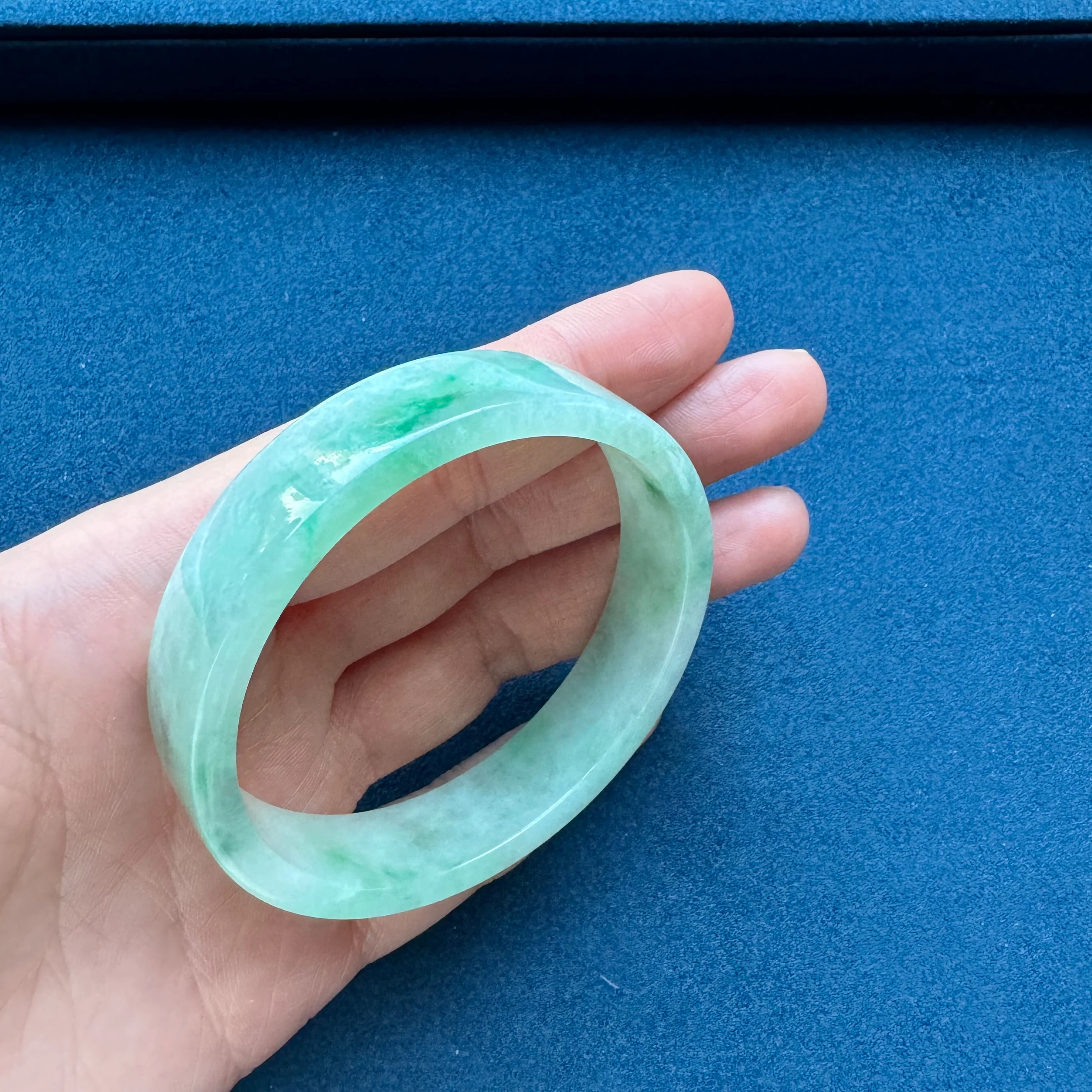 Authentic Grade A Green Pattern Burma Jade Bangle Bracelet - 52mm Flat - Image 5