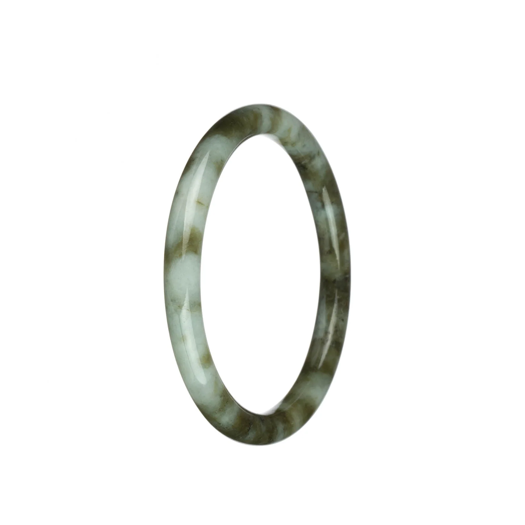 Authentic Natural Greyish White and White with Olive Green Patterns Jadeite Jade Bangle - 60mm Petite Round - Image 2