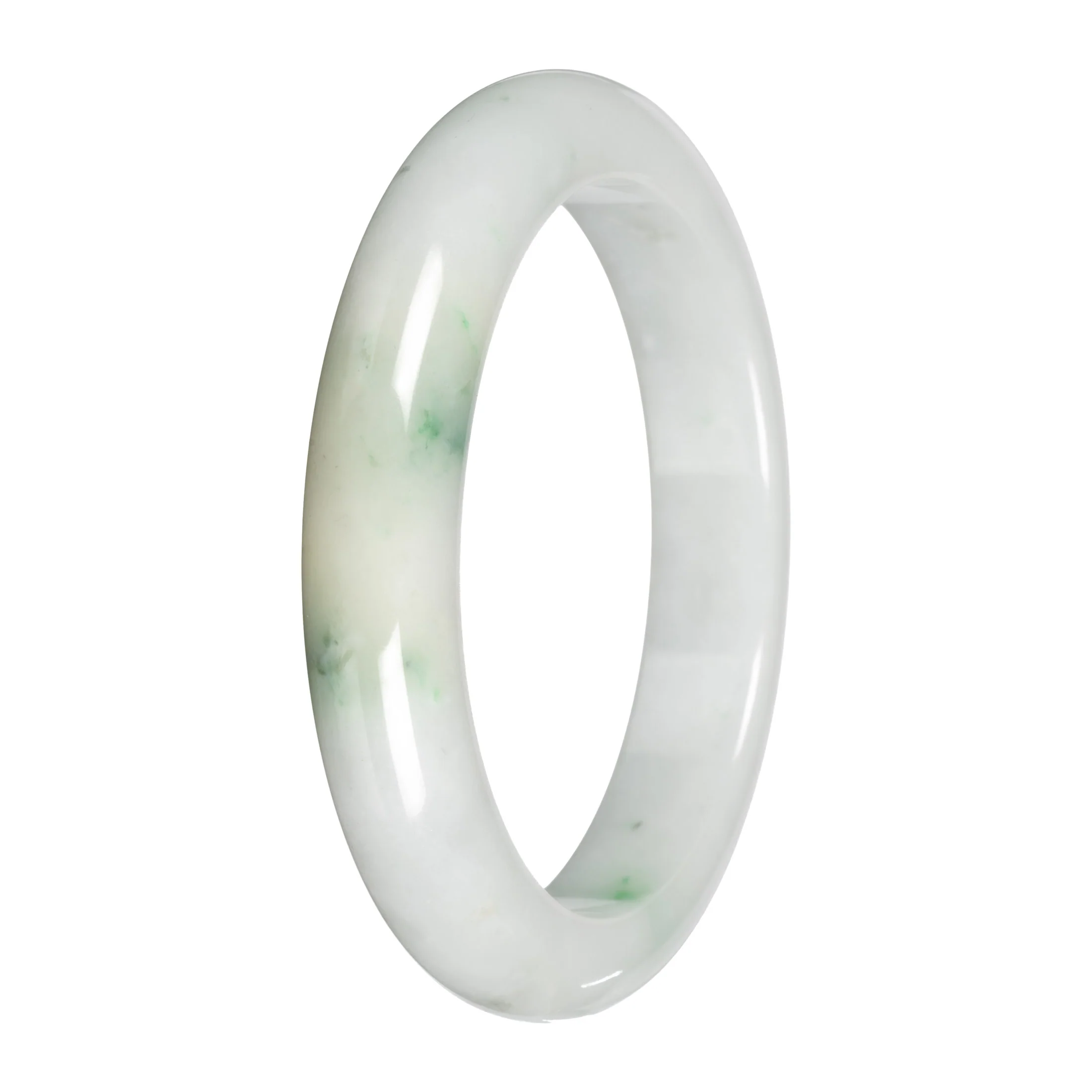 Authentic White with Apple Green Patches Traditional Jade Bangle - 59mm Half Moon