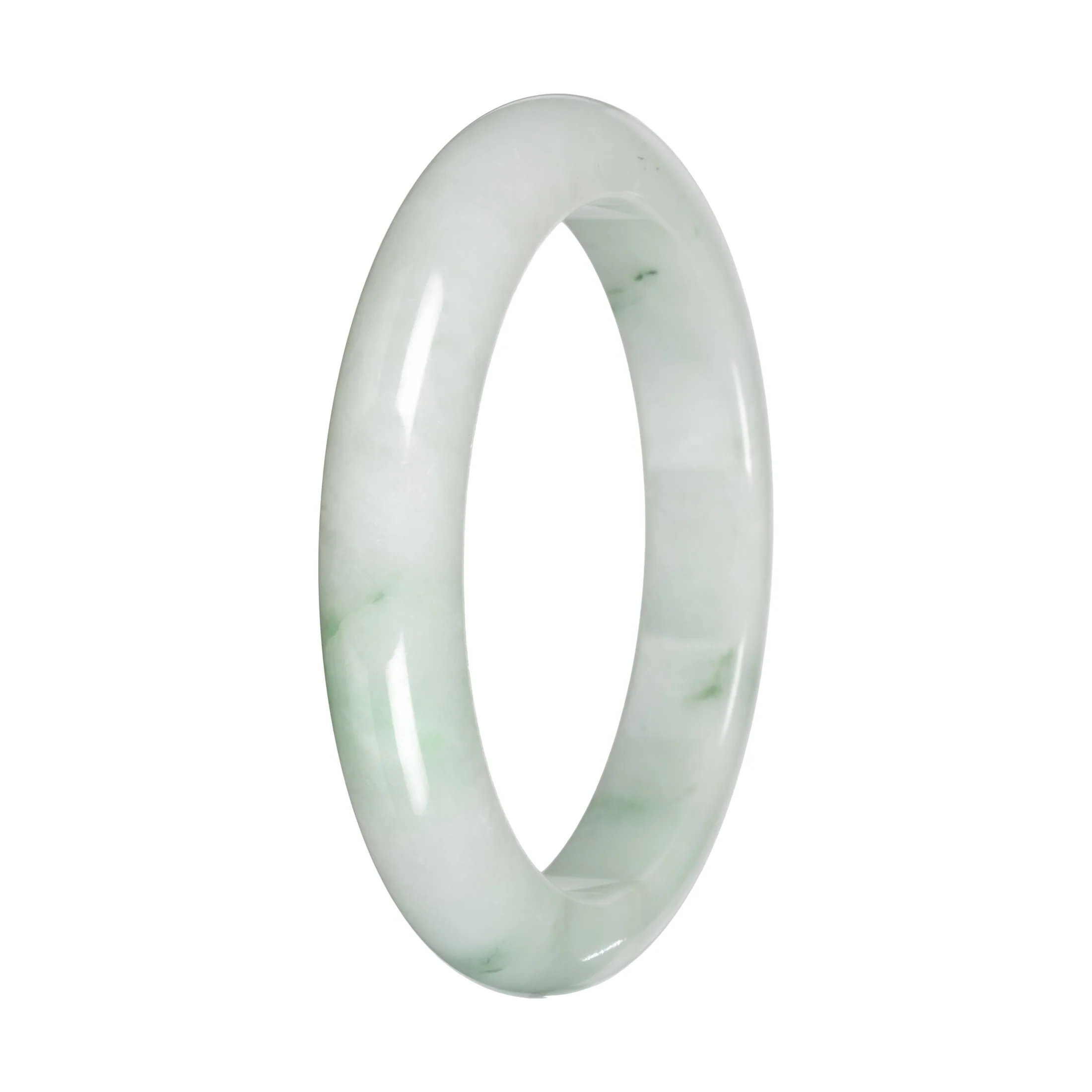 Authentic White with Green Pattern Jadeite Bangle - 59mm Half Moon