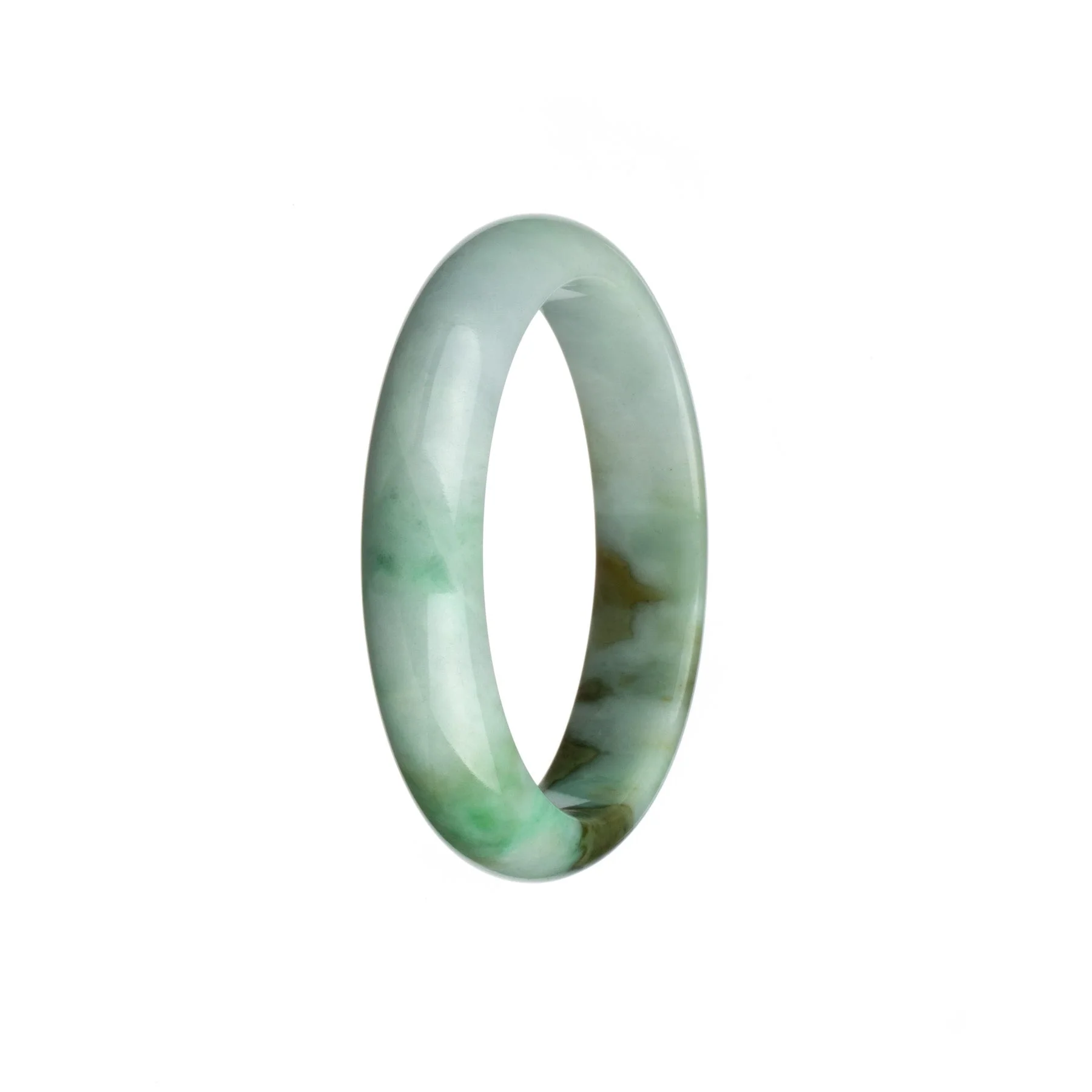 Genuine Grade A Apple Green and Brown Pattern on White Burma Jade Bracelet - 54mm Half Moon - Image 2
