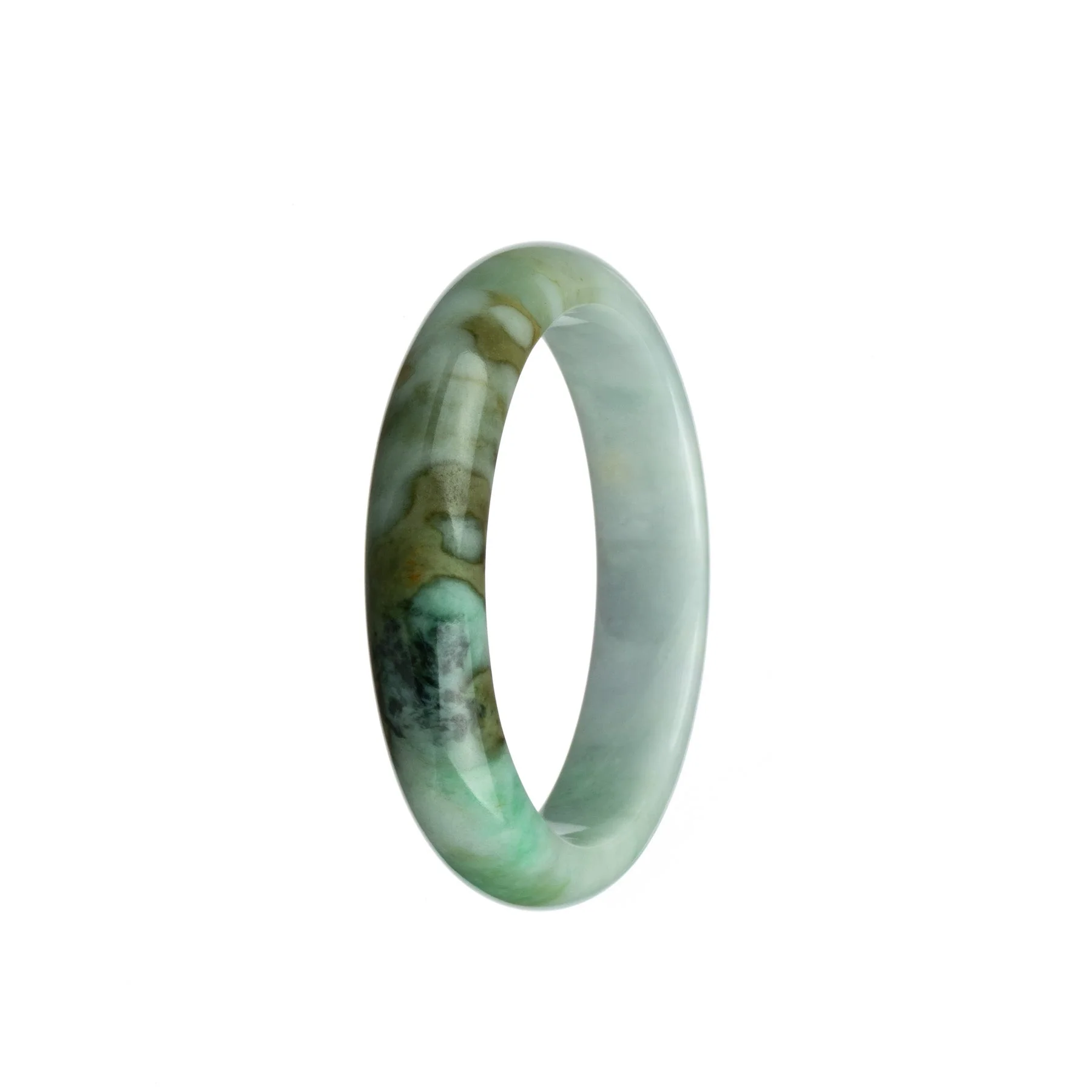 Genuine Grade A Apple Green and Brown Pattern on White Burma Jade Bracelet - 54mm Half Moon - Image 3