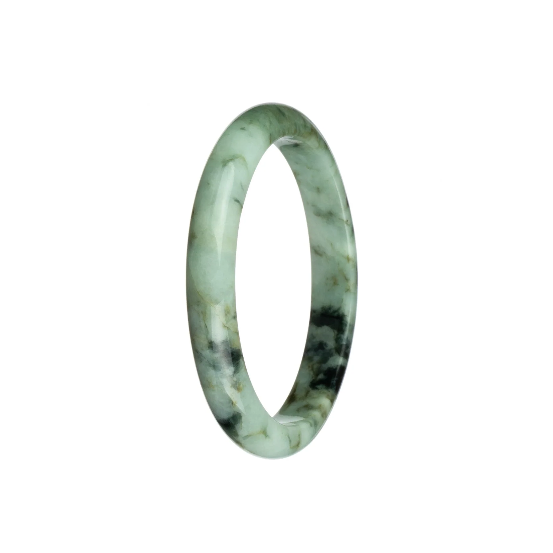 Genuine Natural White with Green and Black Pattern Burmese Jade Bangle - 58mm Semi Round