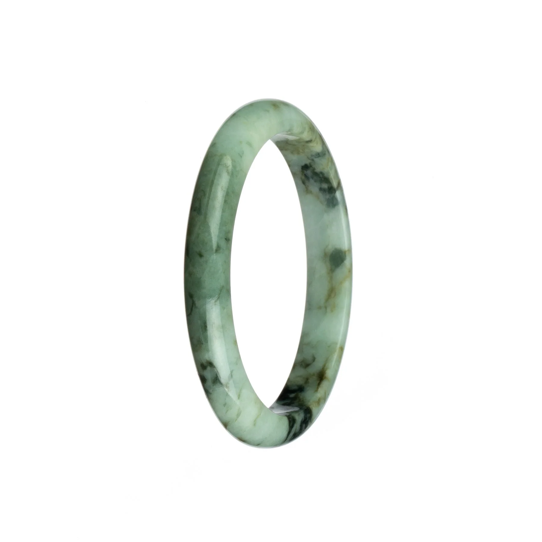 Genuine Natural White with Green and Black Pattern Burmese Jade Bangle - 58mm Semi Round - Image 2