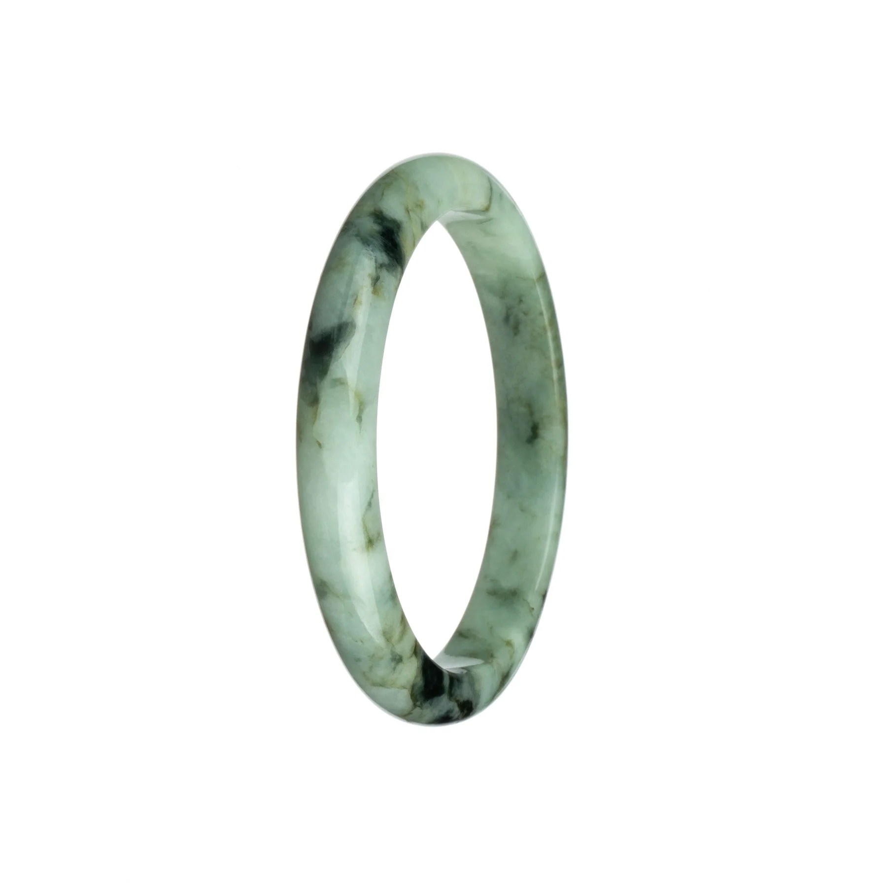 Genuine Natural White with Green and Black Pattern Burmese Jade Bangle - 58mm Semi Round - Image 3