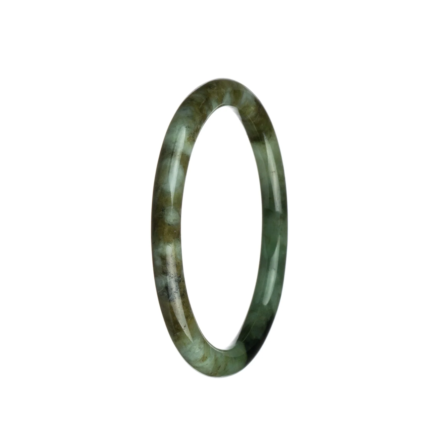 Genuine Type A Green Brown and White Pattern Jadeite Bangle - 61mm Petite Round