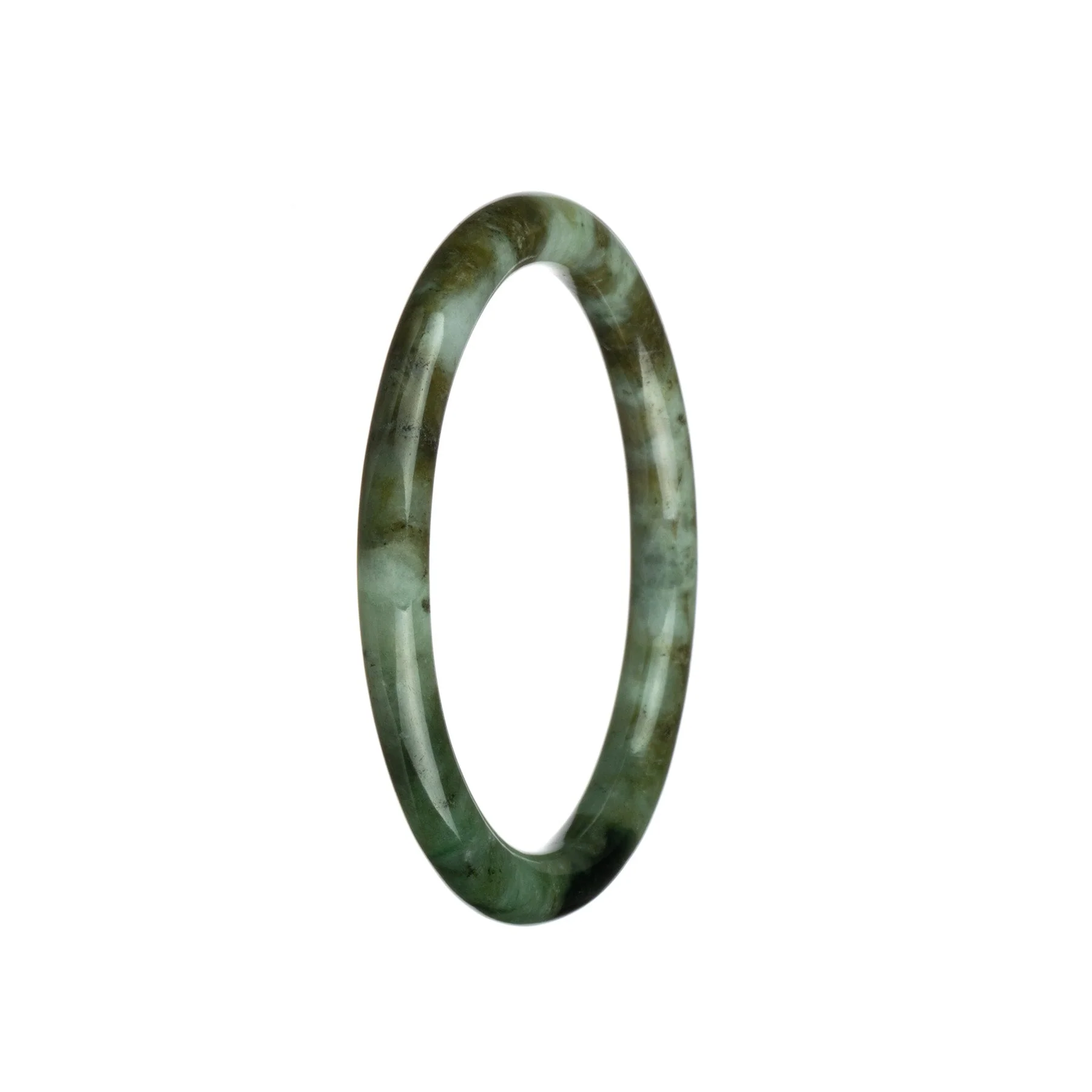 Genuine Type A Green Brown and White Pattern Jadeite Bangle - 61mm Petite Round - Image 3