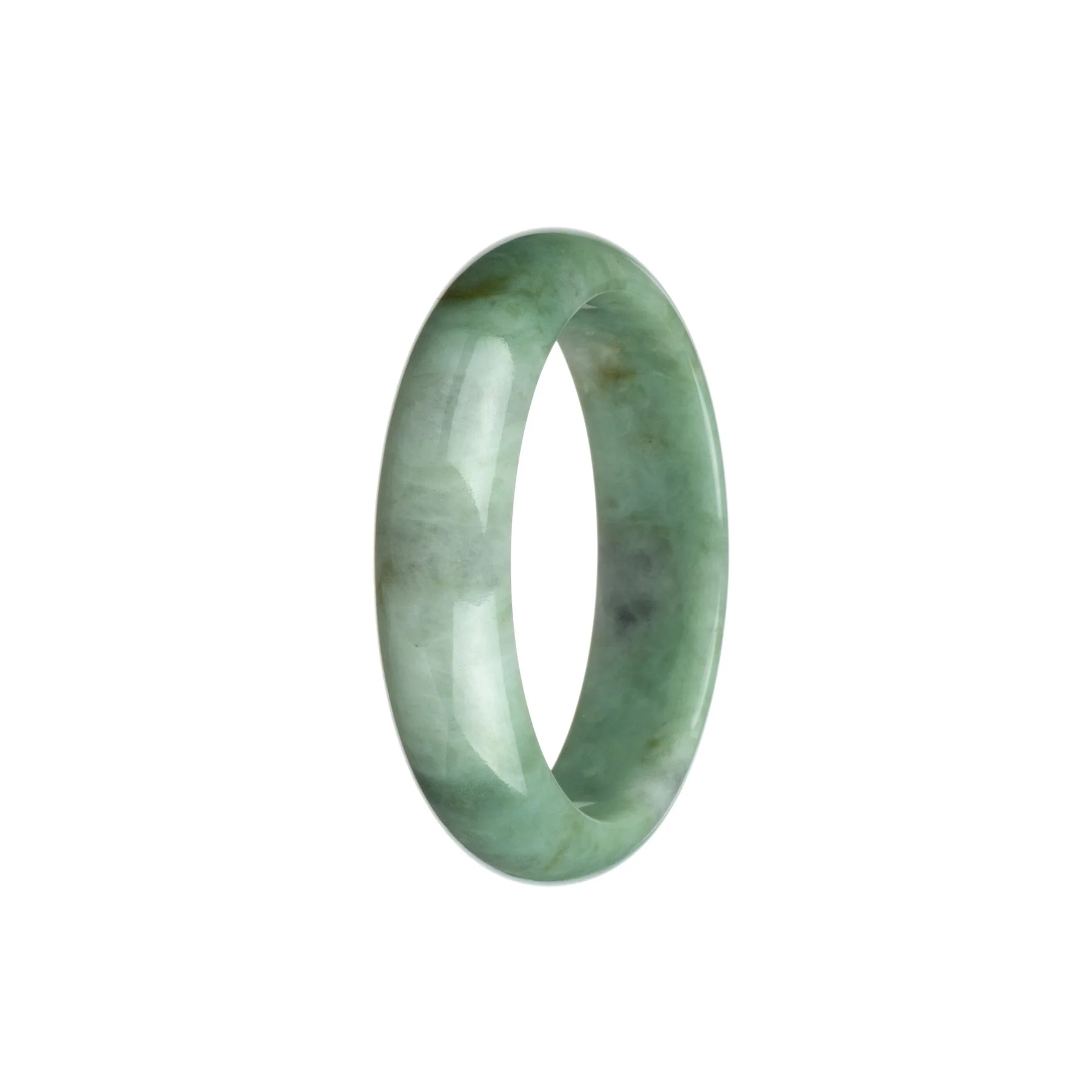 Certified Untreated Green and White Pattern Traditional Jade Bangle - 54mm Half Moon
