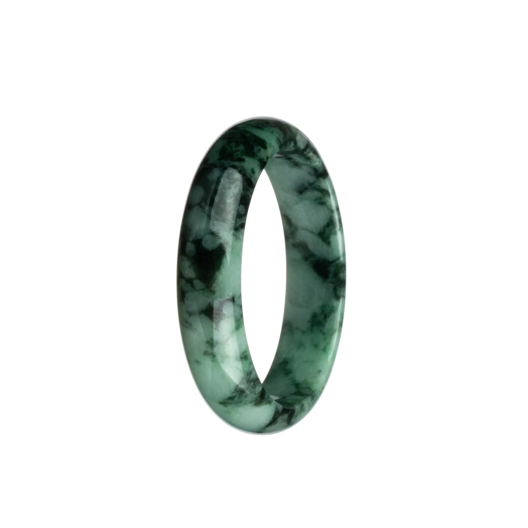 Authentic Grade A Green and Black Pattern Burmese Jade Bangle Bracelet - 53mm Half Moon - Image 2