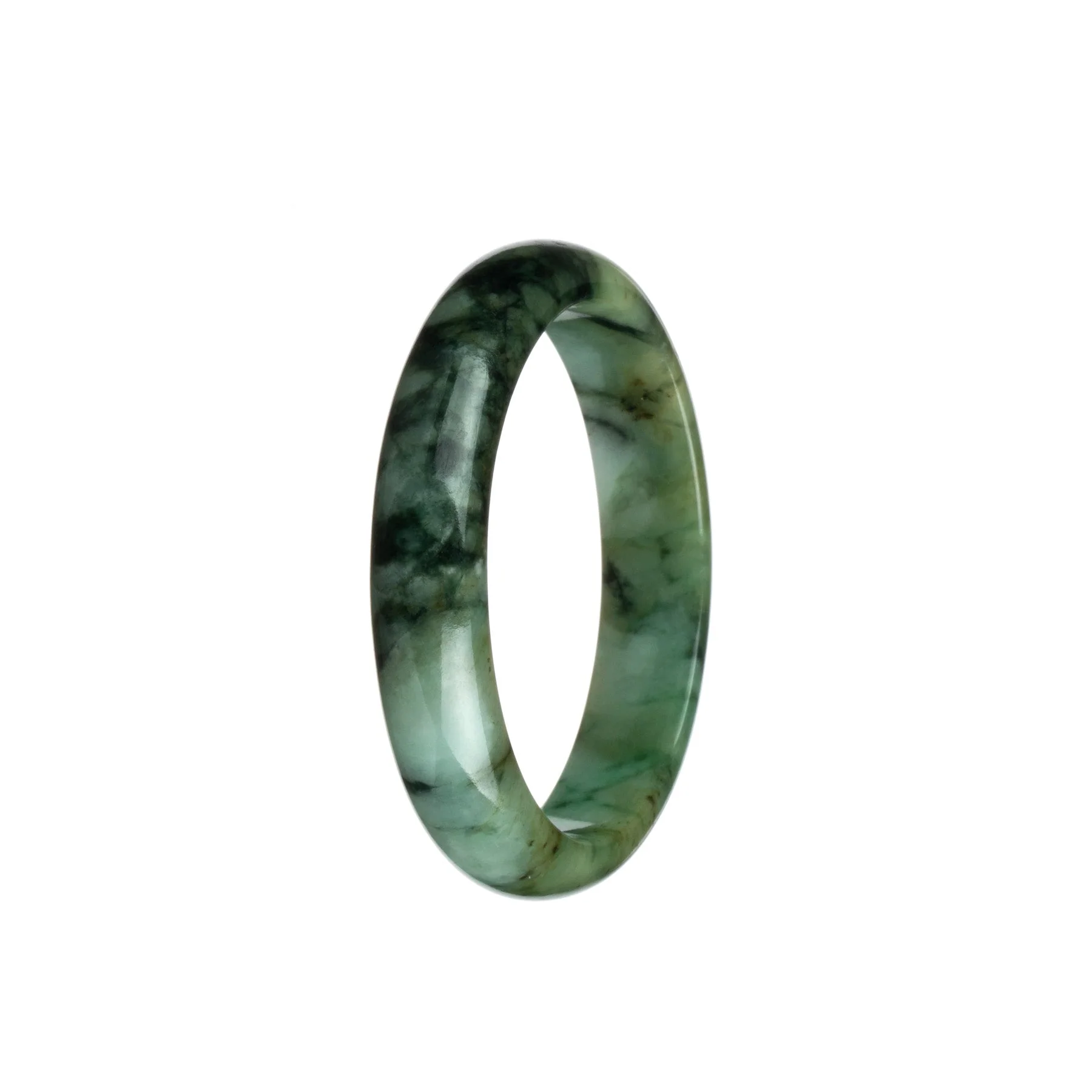 Certified Type A Green and Black Pattern Jade Bangle - 54mm Half Moon