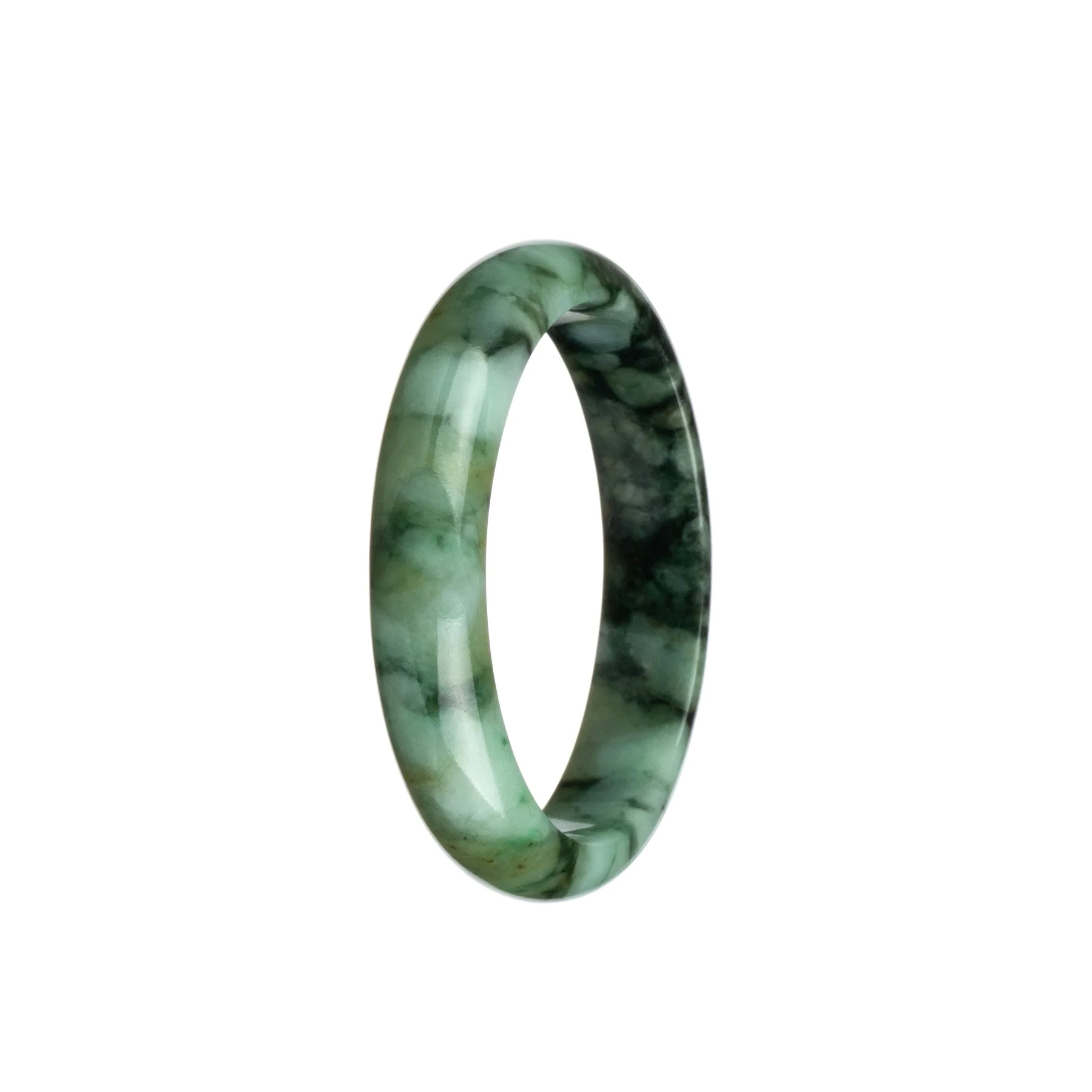 Certified Type A Green and Black Pattern Jade Bangle - 54mm Half Moon - Image 2