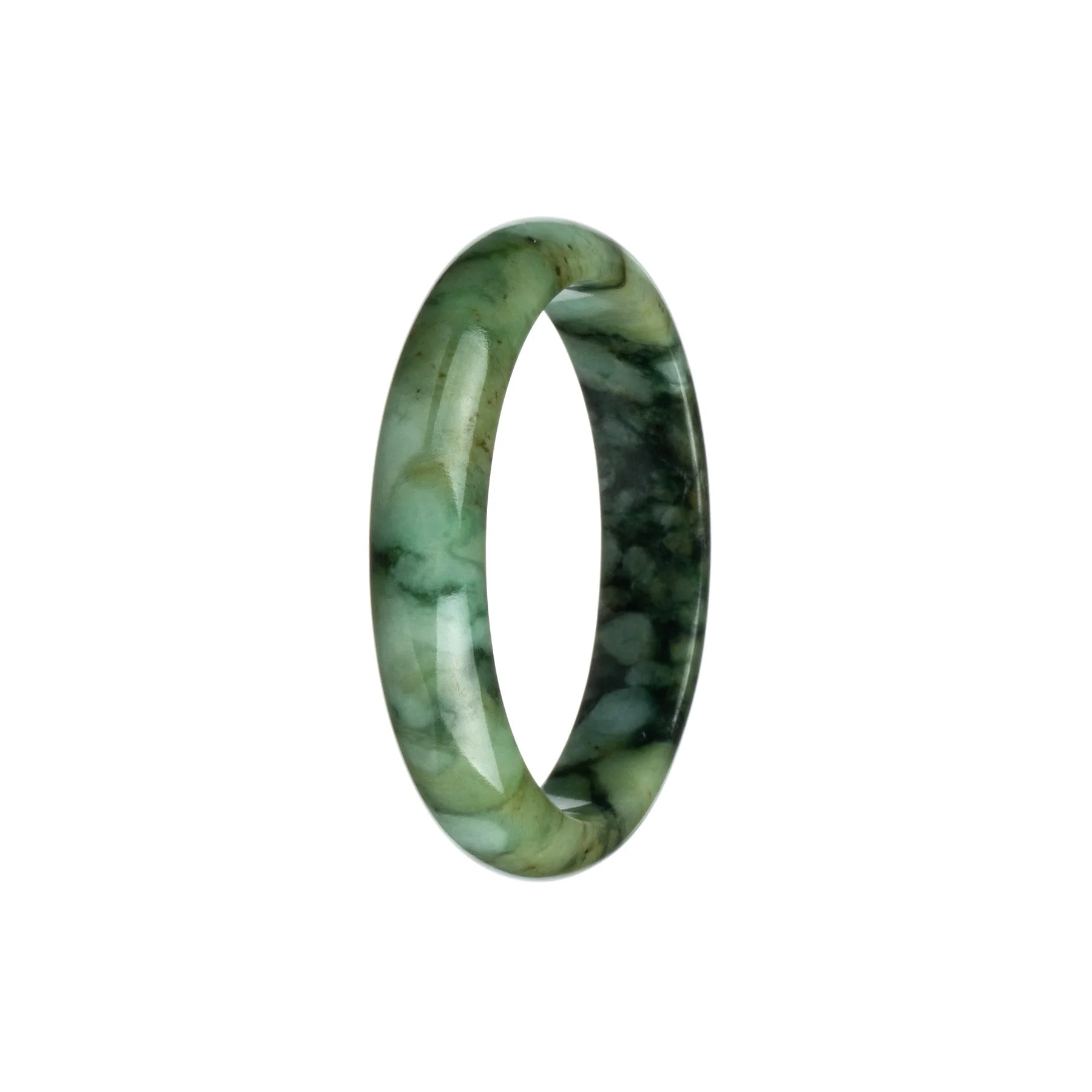 Certified Type A Green and Black Pattern Jade Bangle - 54mm Half Moon - Image 3