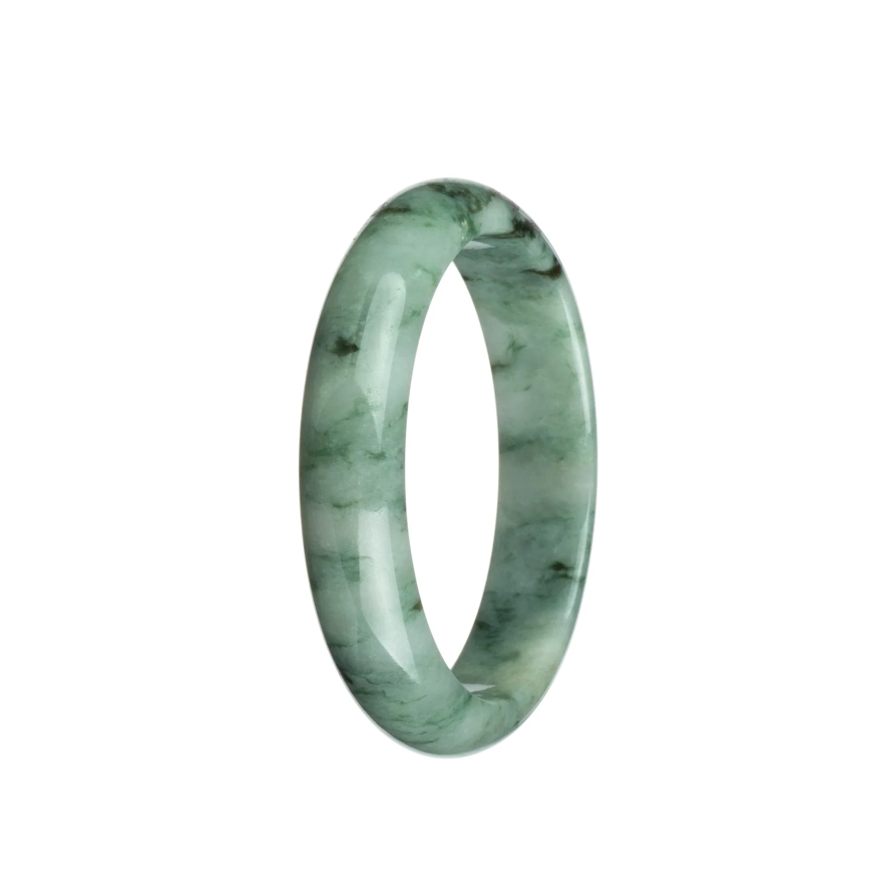 Genuine Type A Greenish White with Dark Green Pattern Burmese Jade Bangle Bracelet - 58mm Half Moon