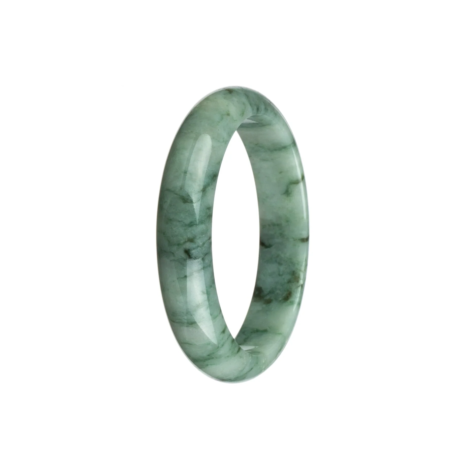 Genuine Type A Greenish White with Dark Green Pattern Burmese Jade Bangle Bracelet - 58mm Half Moon - Image 2