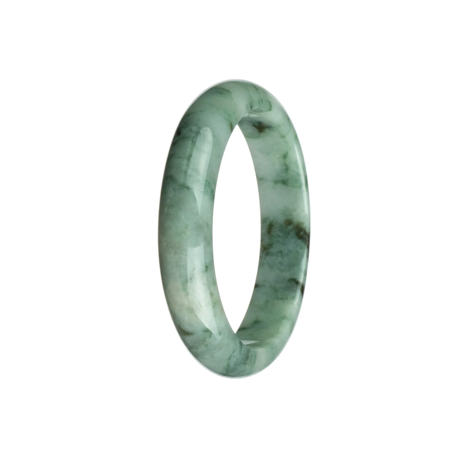Genuine Type A Greenish White with Dark Green Pattern Burmese Jade Bangle Bracelet - 58mm Half Moon - Image 3