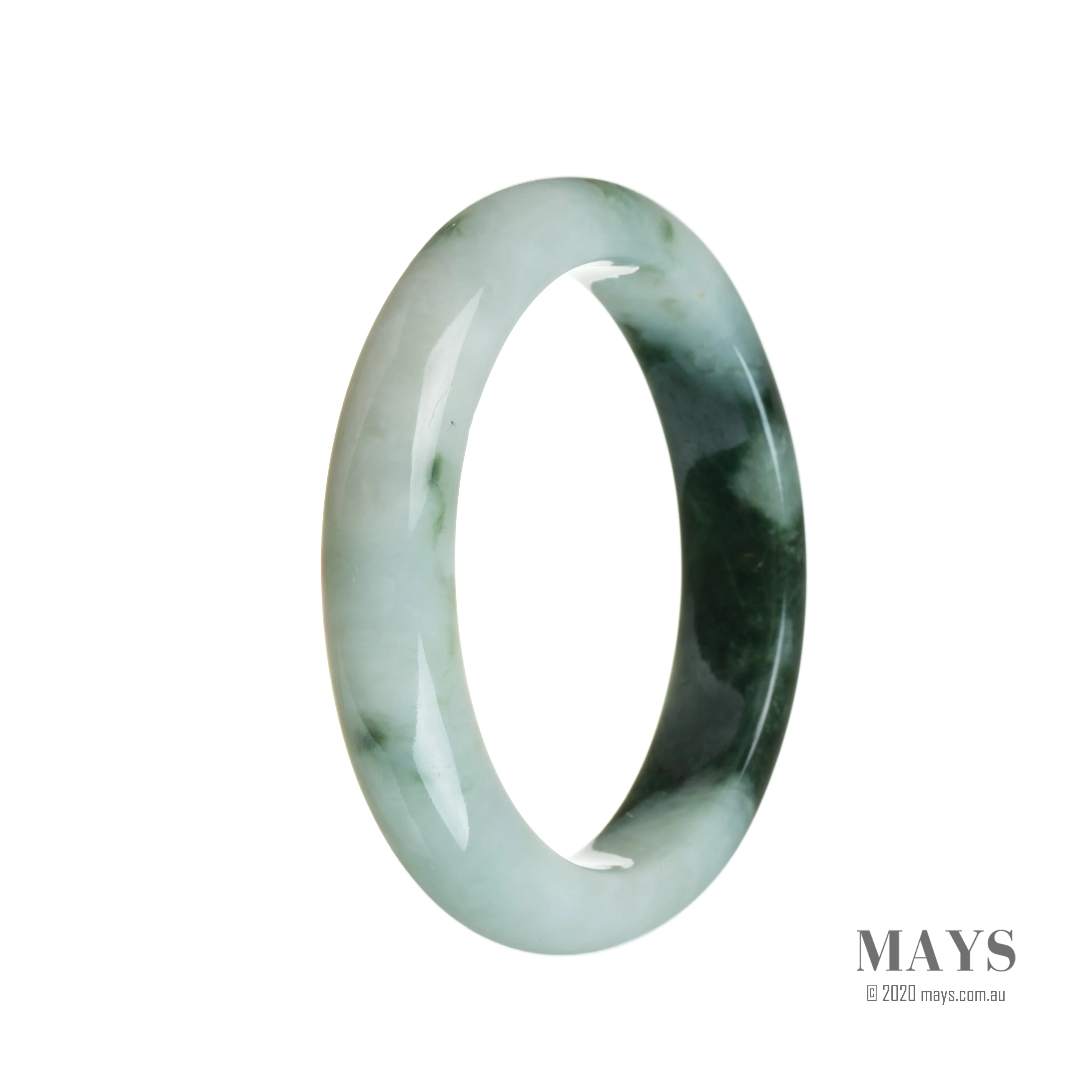 Genuine Natural Green pattern on white Burma Jade Bangle - 55mm Semi Round