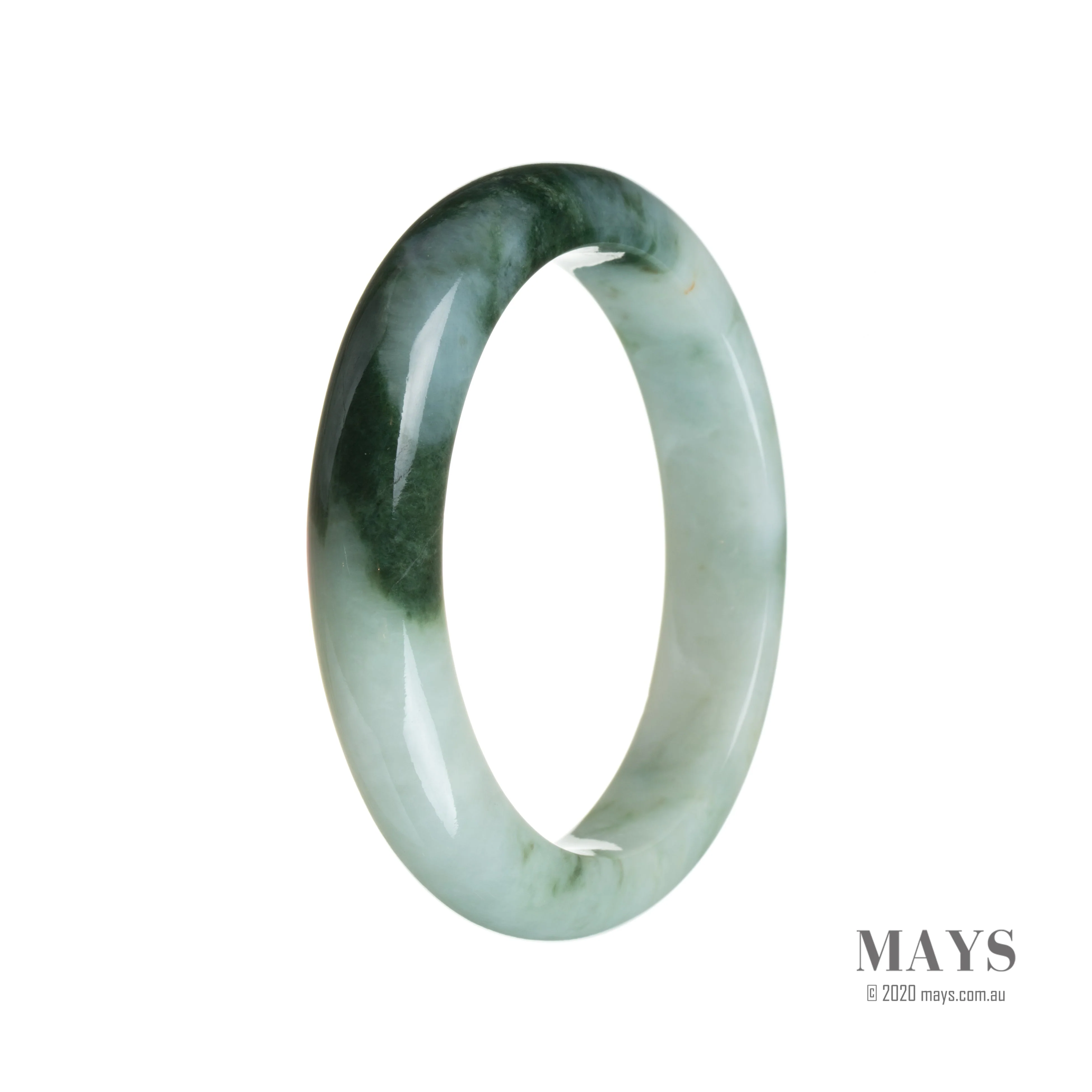 Genuine Natural Green pattern on white Burma Jade Bangle - 55mm Semi Round - Image 2