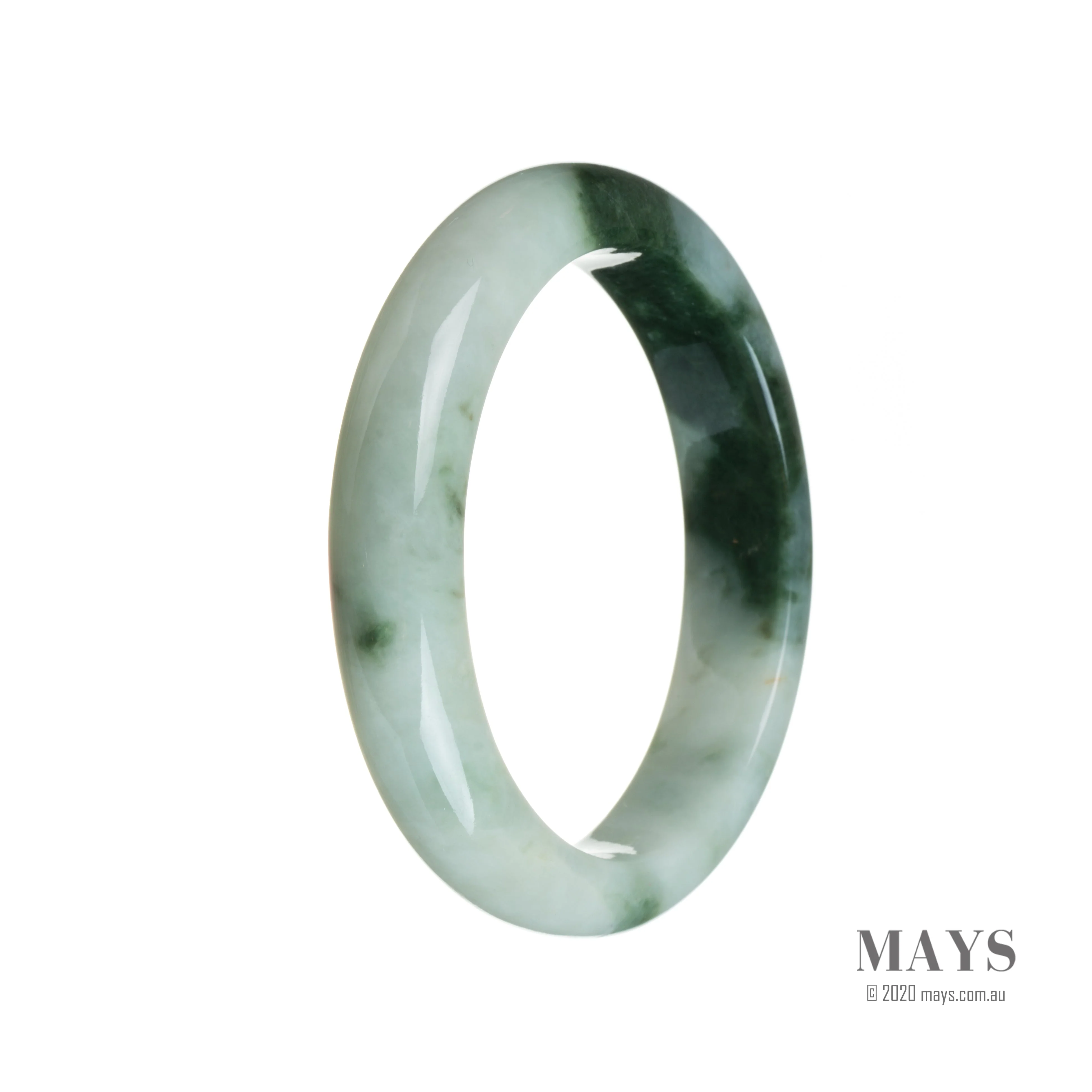 Genuine Natural Green pattern on white Burma Jade Bangle - 55mm Semi Round - Image 3
