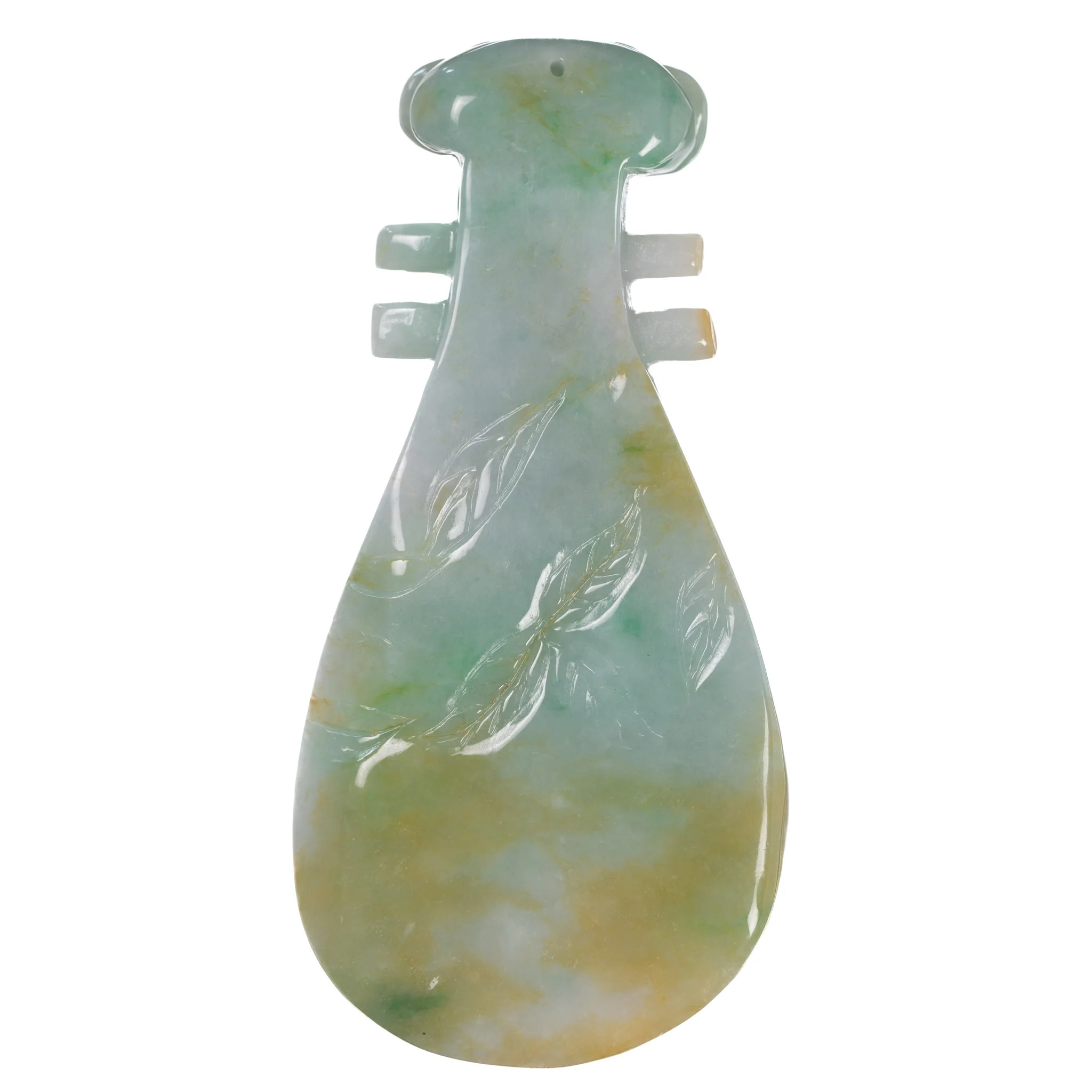 Carved Jade Musical Instrument Pipa Pendant with Flowers and Birds - Image 2
