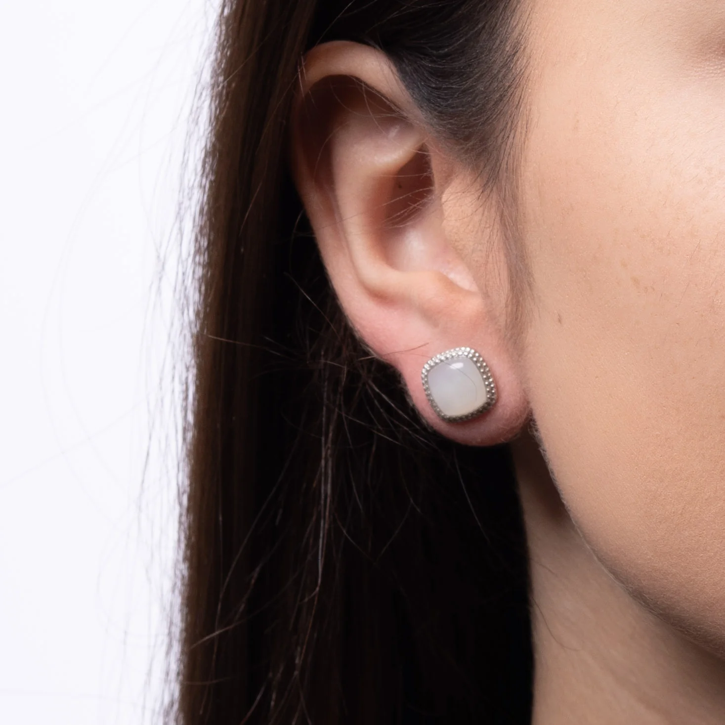 Celeste Cushion – White Jade Stud Earring in Sterling Silver with Beaded Frame - Image 3