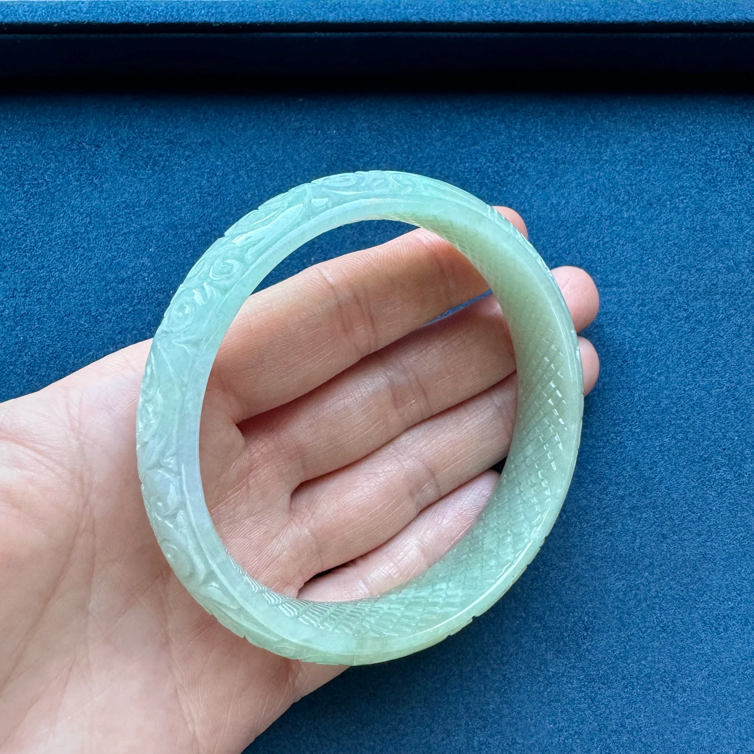 Certified Grade A Pale Green Burmese Jade Bangle - 61mm Carved - Image 4