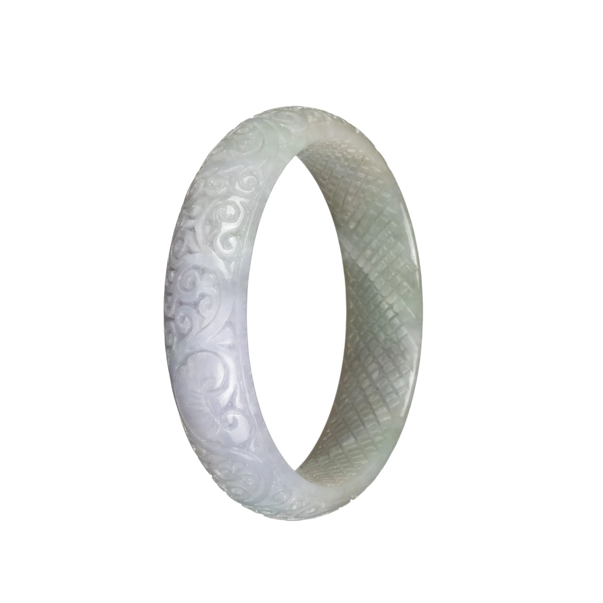 Certified Grade A Pale Green with Pale Lavender Burma Jade Bangle - 60mm Carved - Image 2