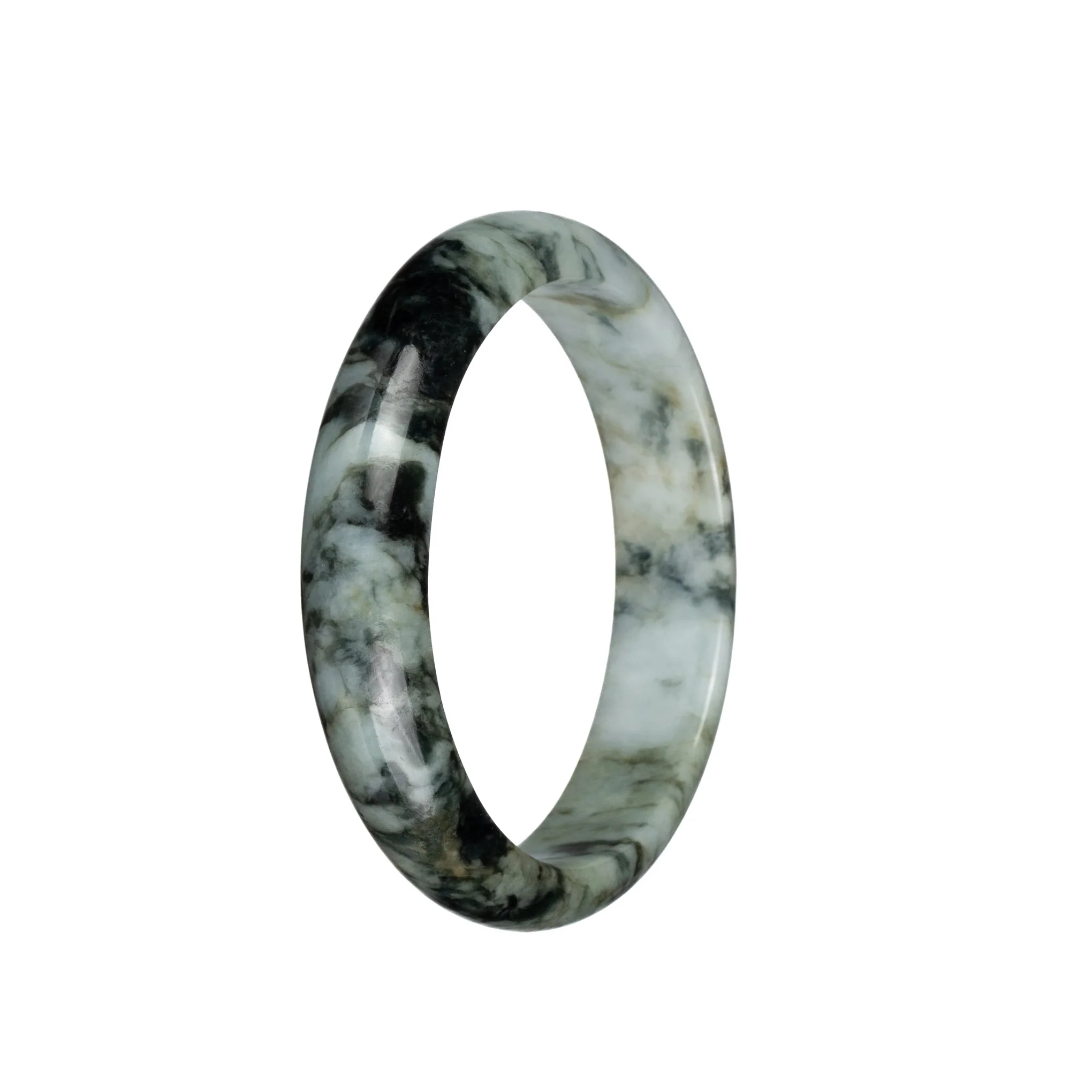 Certified Grade A White with Black and Brown Patterns Jadeite Bangle Bracelet - 58mm Half Moon - Image 2