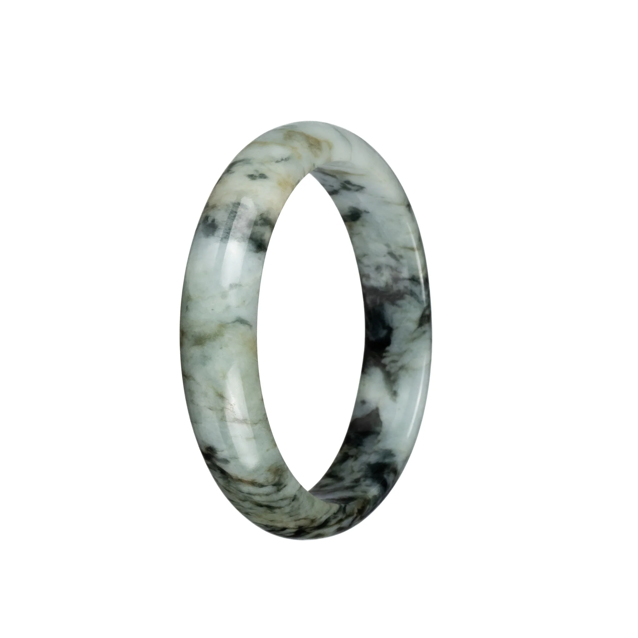 Certified Grade A White with Black and Brown Patterns Jadeite Bangle Bracelet - 58mm Half Moon - Image 3