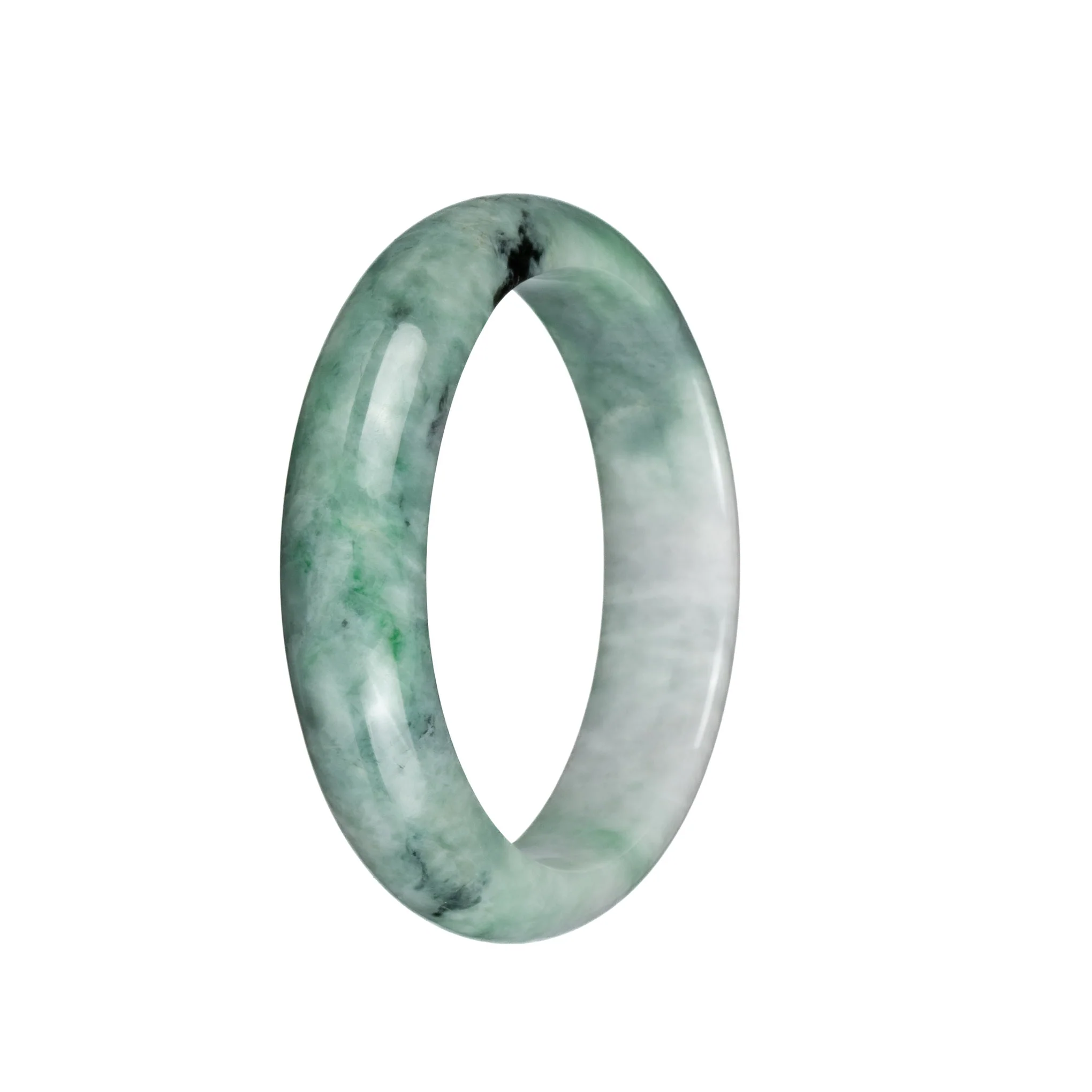 Certified Grade A White with Green and Black Patch Jadeite Jade Bracelet - 58mm Half Moon - Image 2