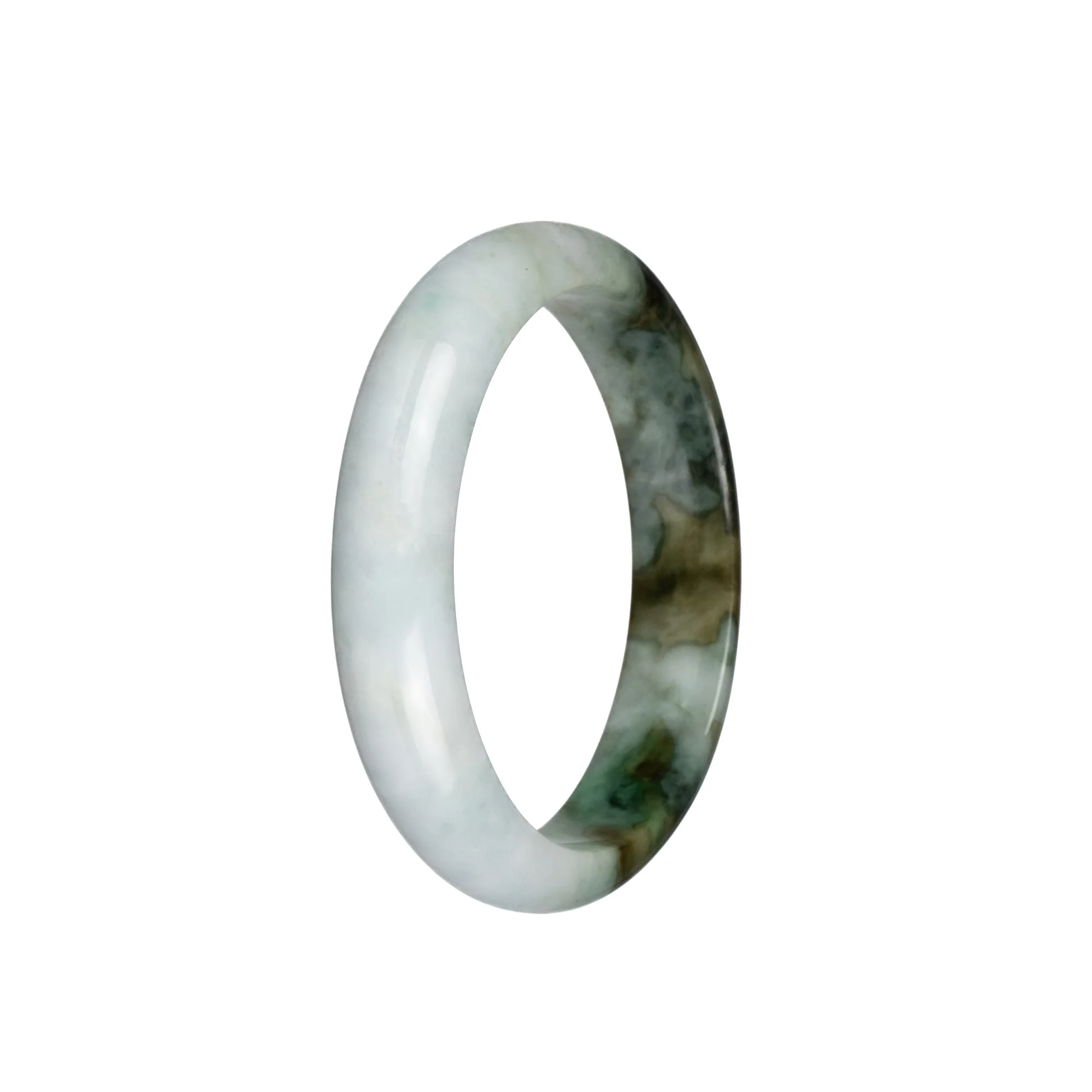 Certified Natural White with Brown Patterns Burmese Jade Bangle - 56mm Half Moon - Image 2
