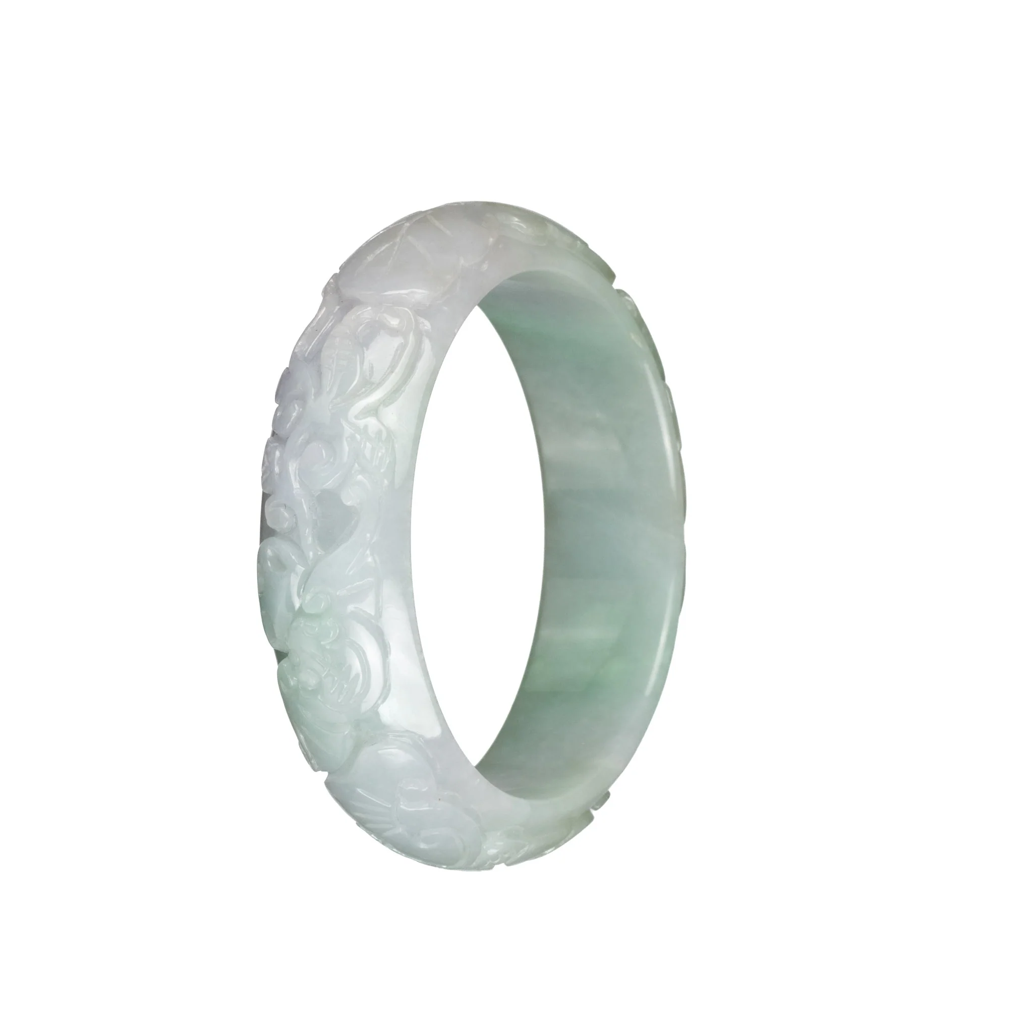 Certified Untreated Light Green with White Burma Jade Bracelet - 55mm Carved - Image 2