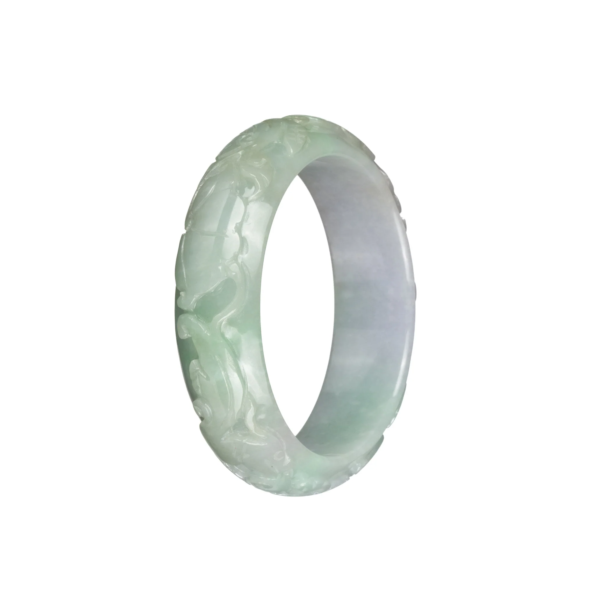 Certified Untreated Light Green with White Burma Jade Bracelet - 55mm Carved - Image 3