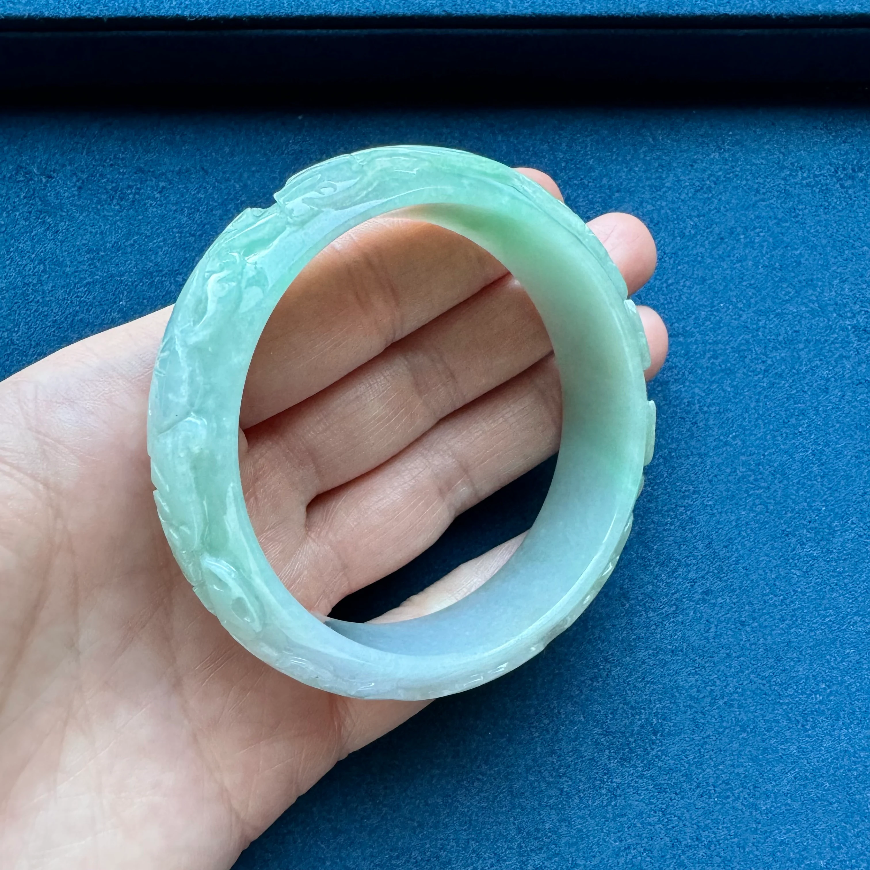 Certified Untreated Light Green with White Burma Jade Bracelet - 55mm Carved - Image 4
