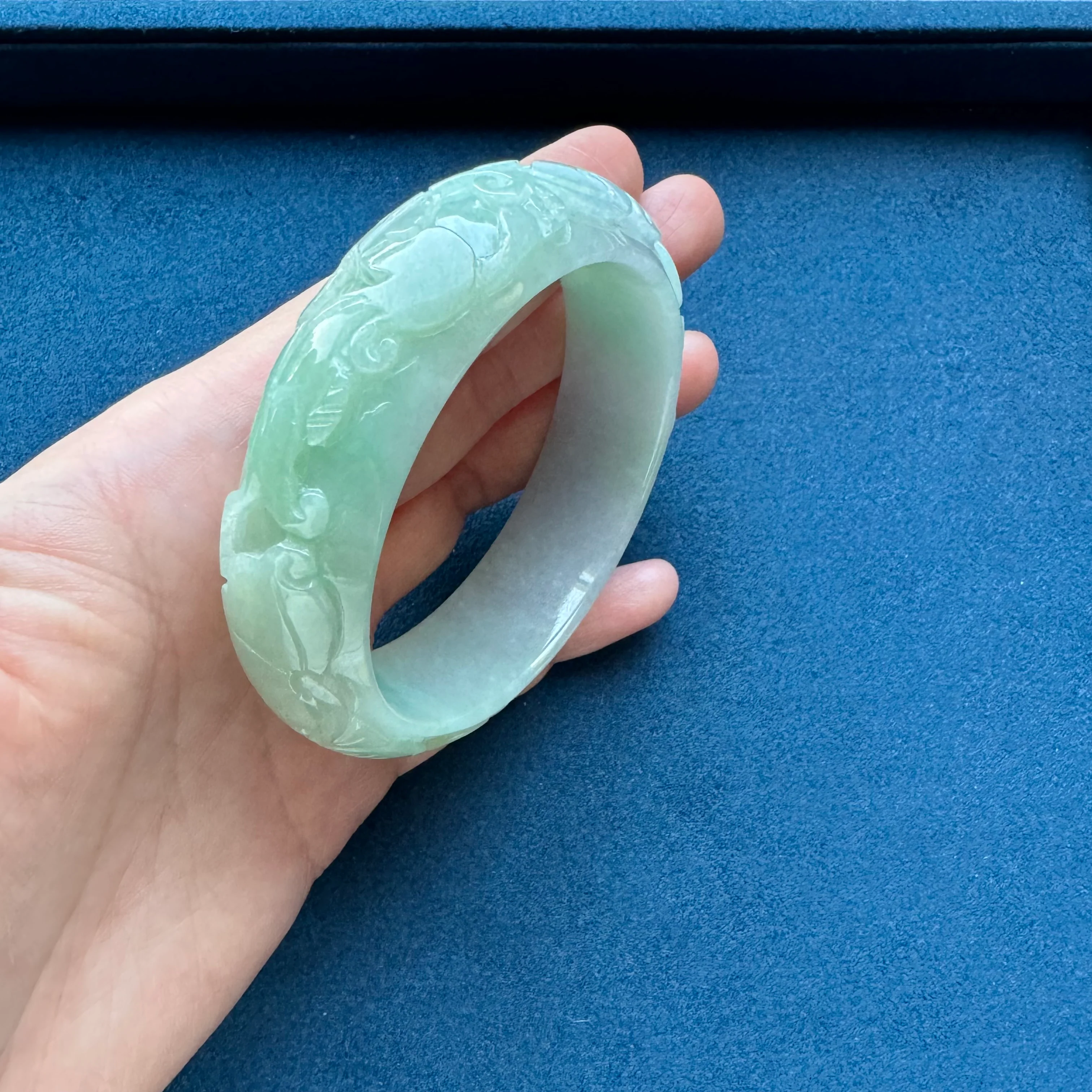 Certified Untreated Light Green with White Burma Jade Bracelet - 55mm Carved - Image 5
