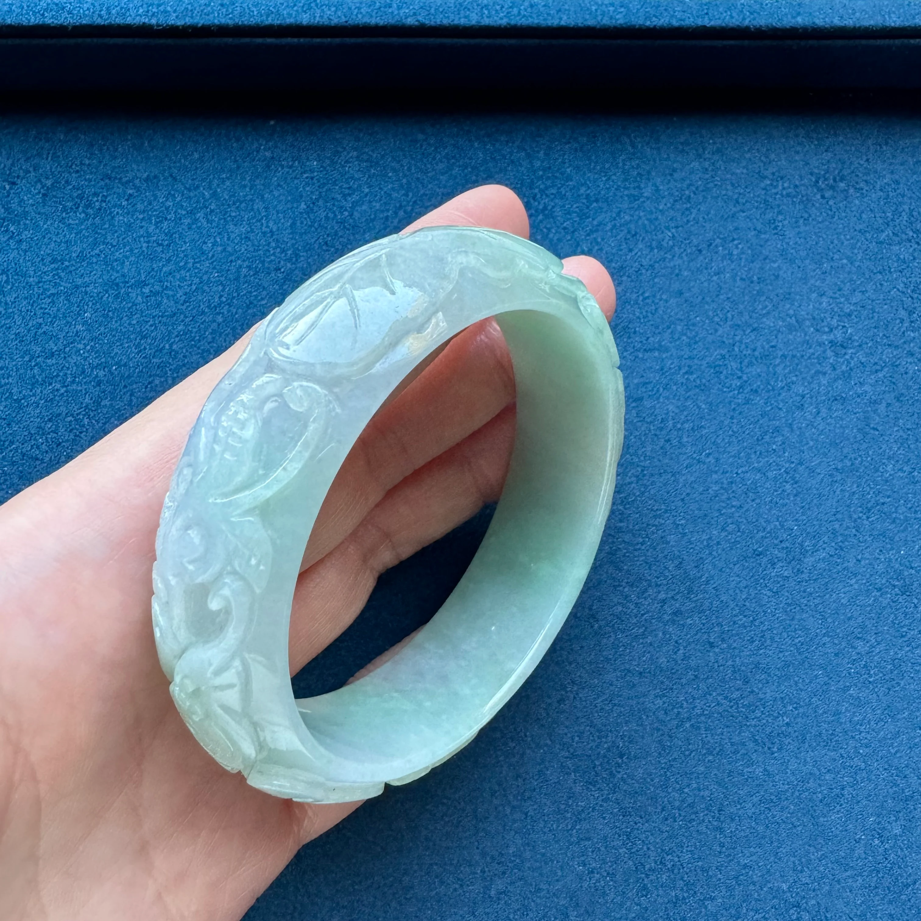 Certified Untreated Light Green with White Burma Jade Bracelet - 55mm Carved - Image 6